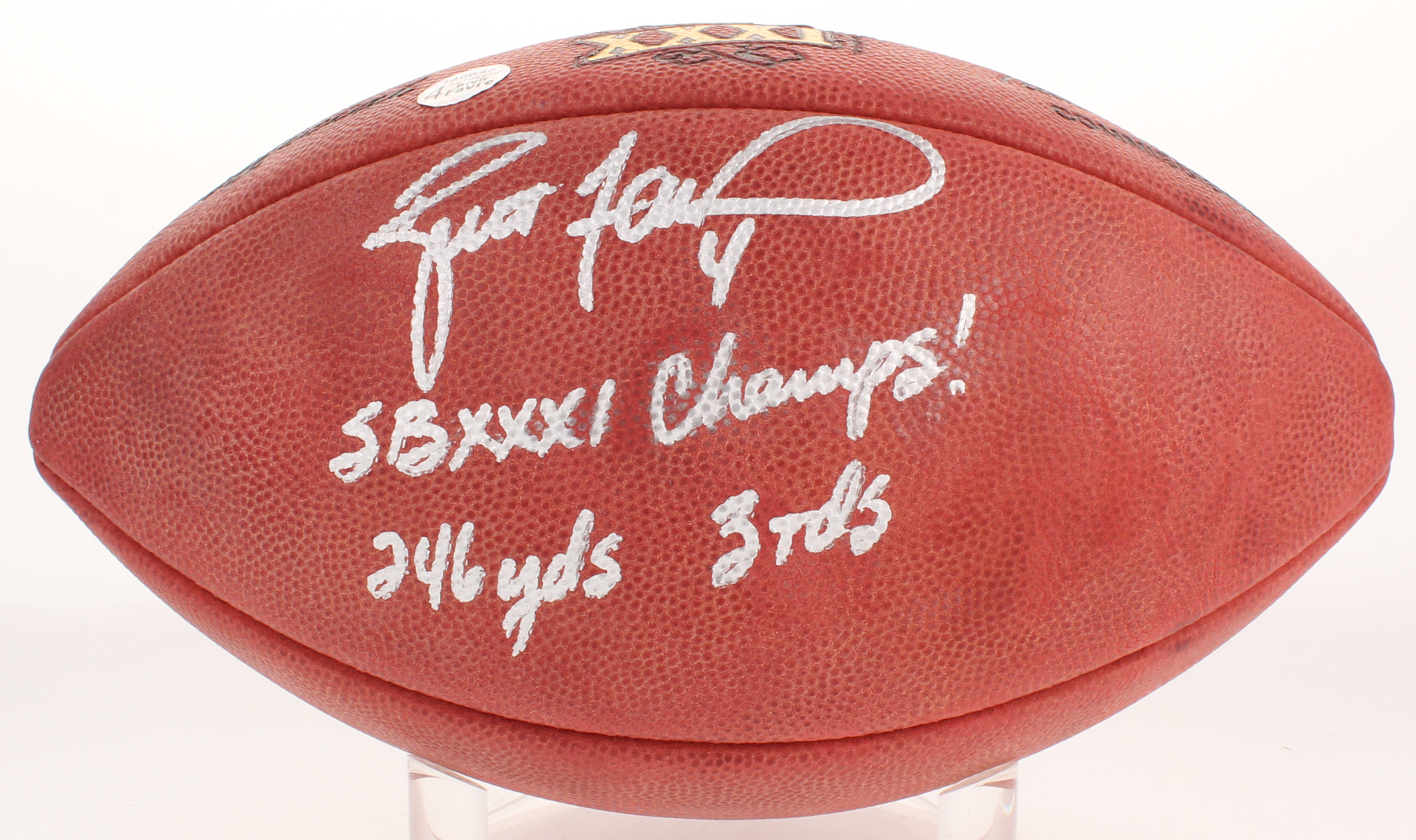 Brett Favre Signed Official Super Bowl XXXI Game Ball Inscribed "SB XXXI Champs!" & "246 Yards 3 TDs" (Favre Hologram & COA) at PristineAuction.com Brett Favre Signed Official Super Bowl XXXI Game Ball Inscribed "SB XXXI Champs!" & "246 Yards 3 TDs" (Favre Hologram & COA) at PristineAuction.com