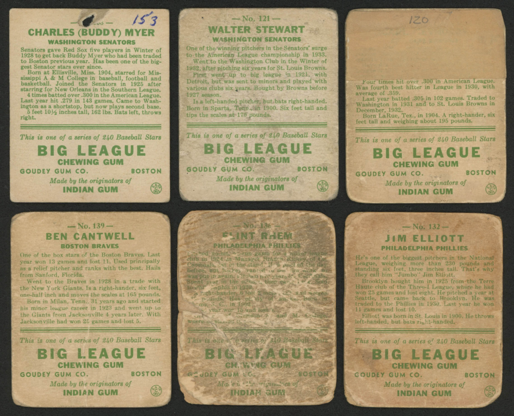 Lot of (6) 1933 Goudey Baseball Cards with #139 Ben Cantwell RC, #153 ...