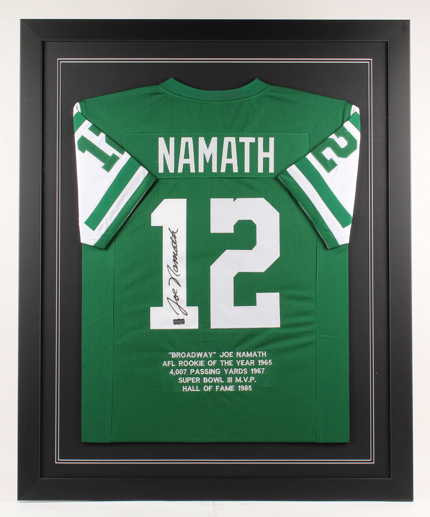 Joe Namath Signed 35x43 Custom Framed Career Highlight Stat Jersey (Radtke COA) at PristineAuction.com Joe Namath Signed 35x43 Custom Framed Career Highlight Stat Jersey (Radtke COA) at PristineAuction.com