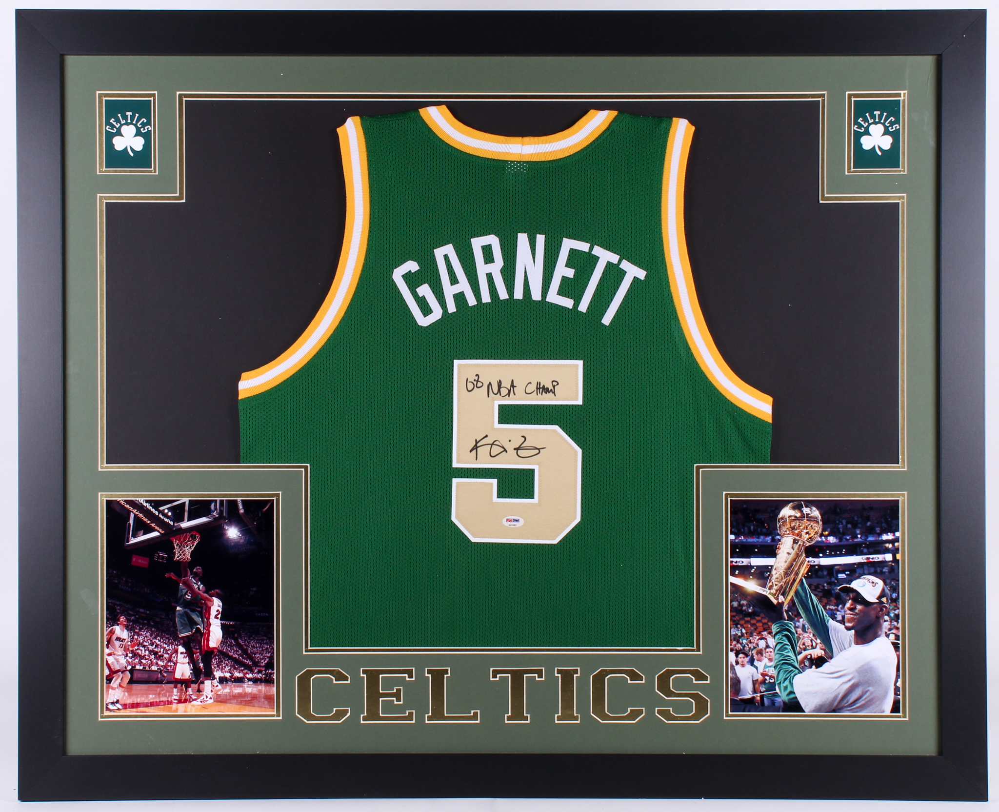 Kevin Garnett Signed Boston Celtics 35x43 Custom Framed Jersey Inscribed "08 NBA Champ" (PSA COA) at PristineAuction.com Kevin Garnett Signed Boston Celtics 35x43 Custom Framed Jersey Inscribed "08 NBA Champ" (PSA COA) at PristineAuction.com