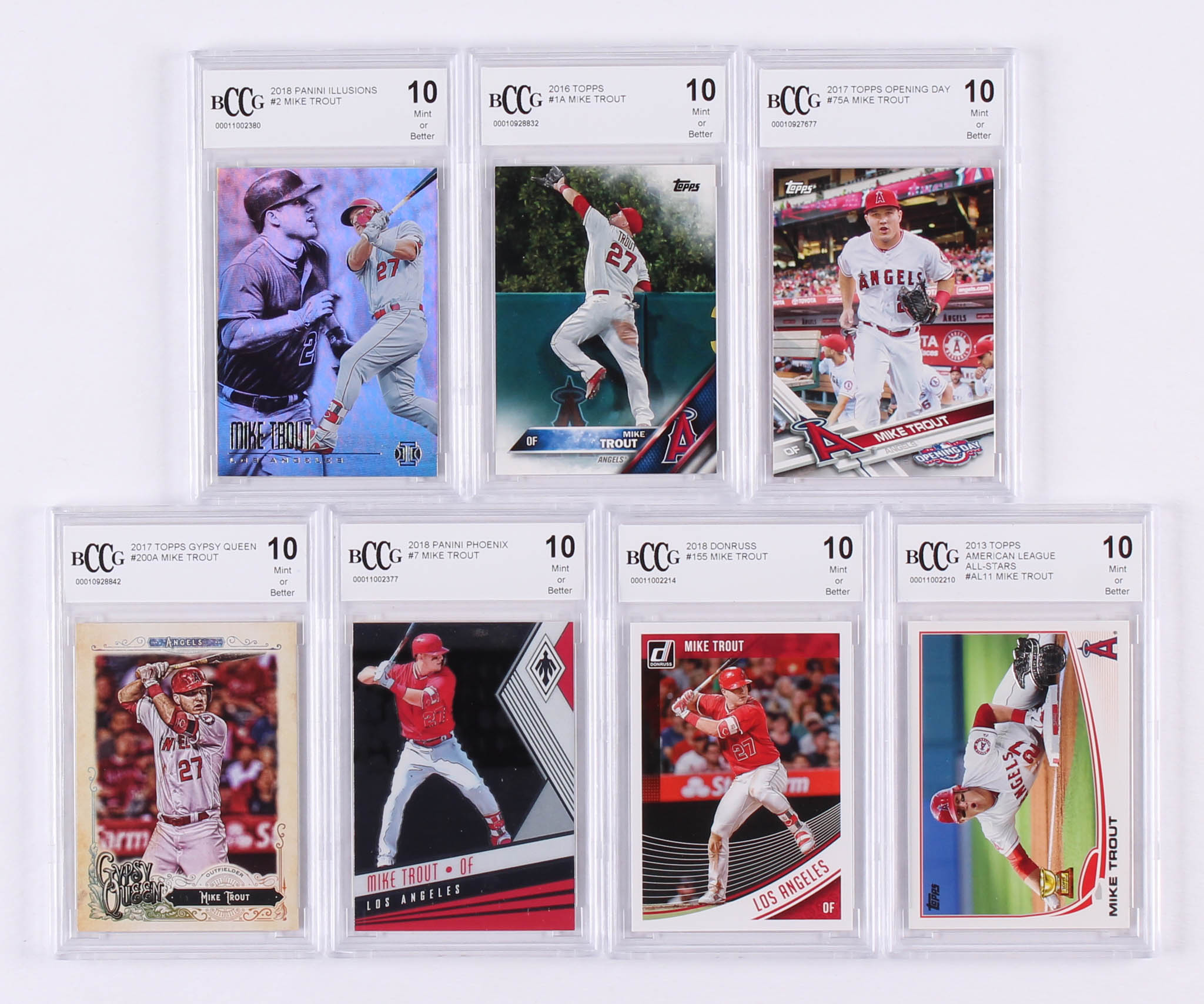 Lot of (7) Graded BCCG 10 Mike Trout Baseball Cards with 2018 Panini Phoenix #7, 2017 Topps Gypsy Queen #200A, 2018 Donruss #155, 2013 American League All-Stars Topps #AL11, 2017 Topps Opening Day #75A, 2016 Topps #1A &  2018 Panini Illusions #2 at PristineAuction.com Lot of (7) Graded BCCG 10 Mike Trout Baseball Cards with 2018 Panini Phoenix #7, 2017 Topps Gypsy Queen #200A, 2018 Donruss #155, 2013 American League All-Stars Topps #AL11, 2017 Topps Opening Day #75A, 2016 Topps #1A &  2018 Panini Illusions #2 at PristineAuction.com