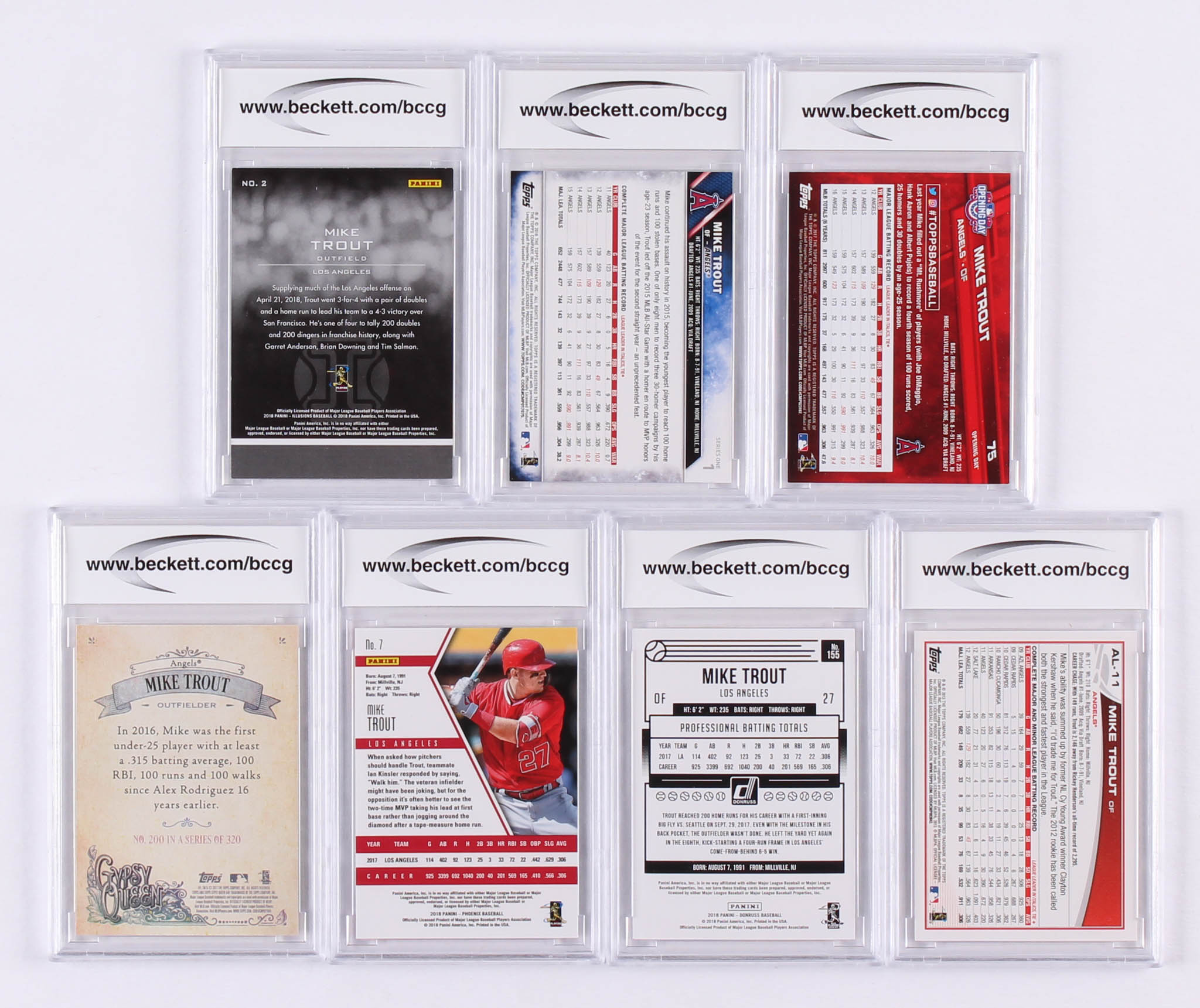 Lot of (7) Graded BCCG 10 Mike Trout Baseball Cards with 2018 Panini Phoenix #7, 2017 Topps Gypsy Queen #200A, 2018 Donruss #155, 2013 American League All-Stars Topps #AL11, 2017 Topps Opening Day #75A, 2016 Topps #1A &  2018 Panini Illusions #2 at PristineAuction.com Lot of (7) Graded BCCG 10 Mike Trout Baseball Cards with 2018 Panini Phoenix #7, 2017 Topps Gypsy Queen #200A, 2018 Donruss #155, 2013 American League All-Stars Topps #AL11, 2017 Topps Opening Day #75A, 2016 Topps #1A &  2018 Panini Illusions #2 at PristineAuction.com
