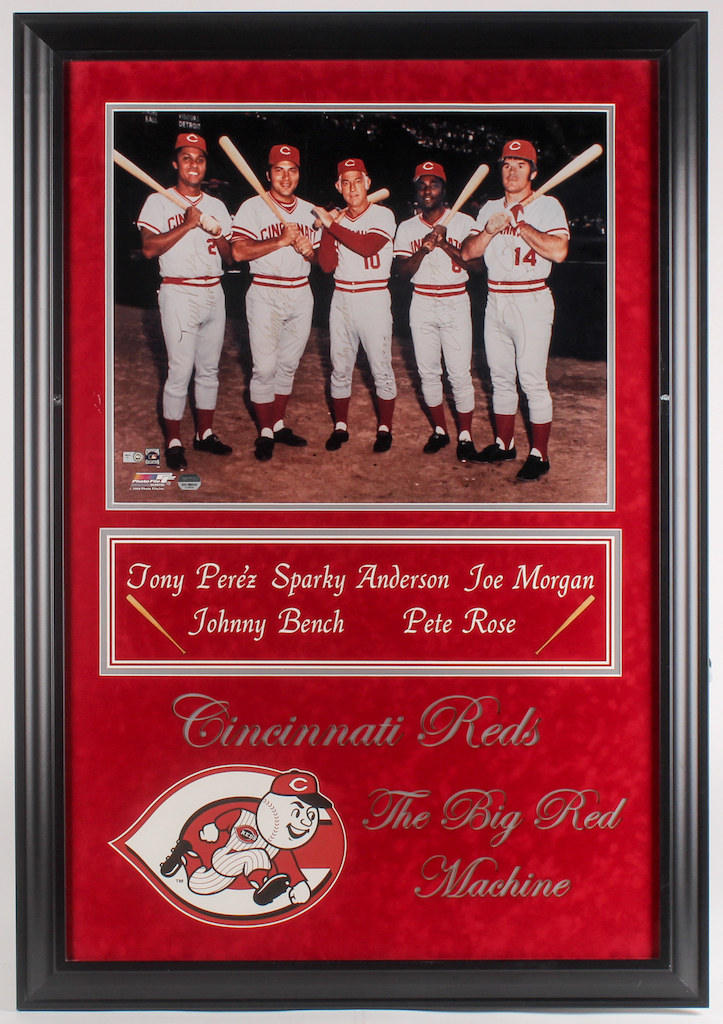 "The Big Red Machine" Cincinnati Reds 27x39.75 Custom Framed Photo Display Signed by (5) with Pete Rose, Tony Perez, Joe Morgan, Sparky Anderson & Johnny Bench with Multiple Inscriptions (MLB Hologram & Mounted Memories Hologram) at PristineAuction.com "The Big Red Machine" Cincinnati Reds 27x39.75 Custom Framed Photo Display Signed by (5) with Pete Rose, Tony Perez, Joe Morgan, Sparky Anderson & Johnny Bench with Multiple Inscriptions (MLB Hologram & Mounted Memories Hologram) at PristineAuction.com