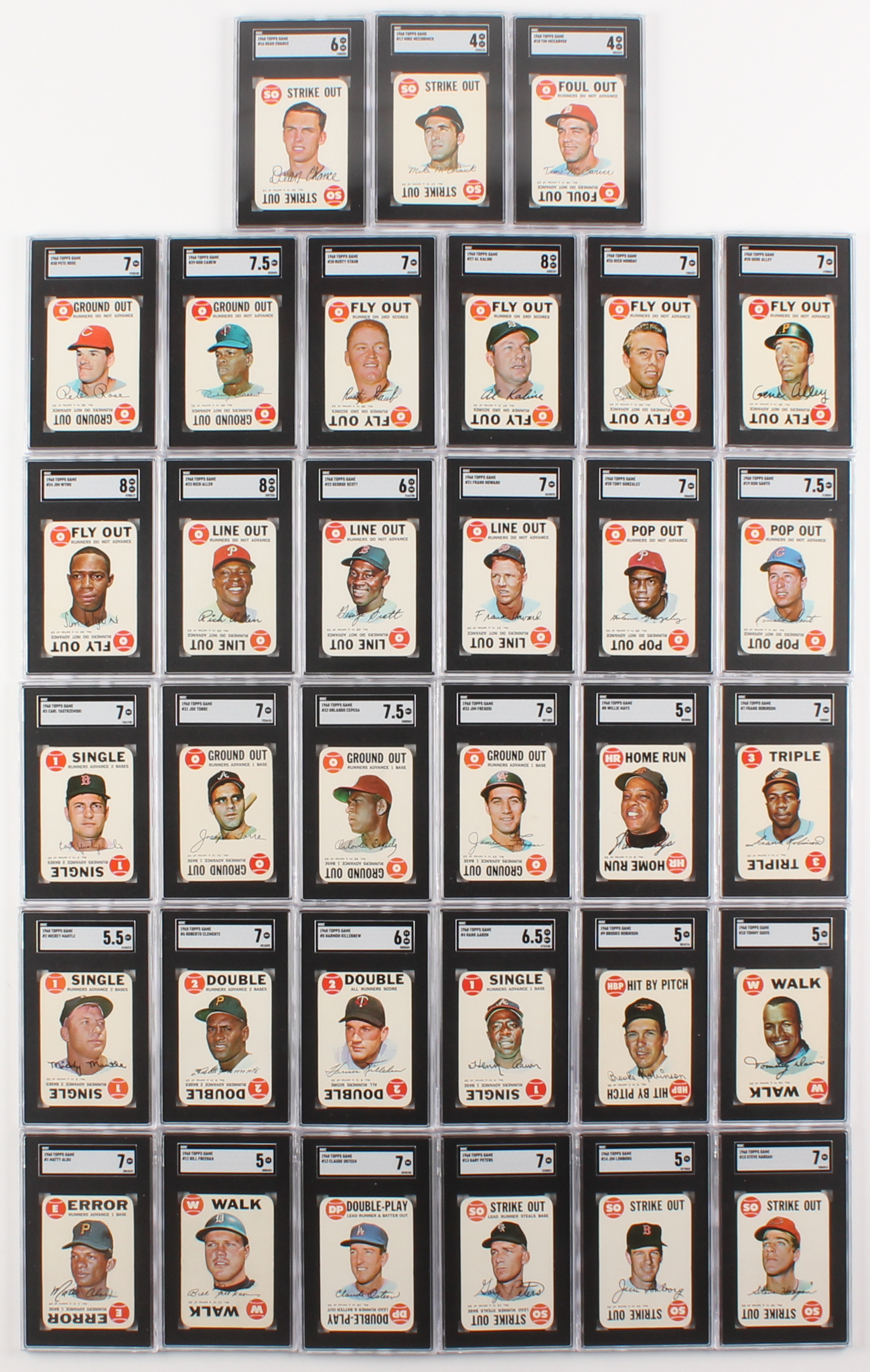 Complete Set of (33) SGC Graded 1968 Topps Game Baseball Cards with #2  Mickey Mantle (SGC 5.5), #4 Hank Aaron (SGC 6.5), #6 Roberto Clemente (SGC  7), #9 Brooks Robinson (SGC 5) | Pristine Auction