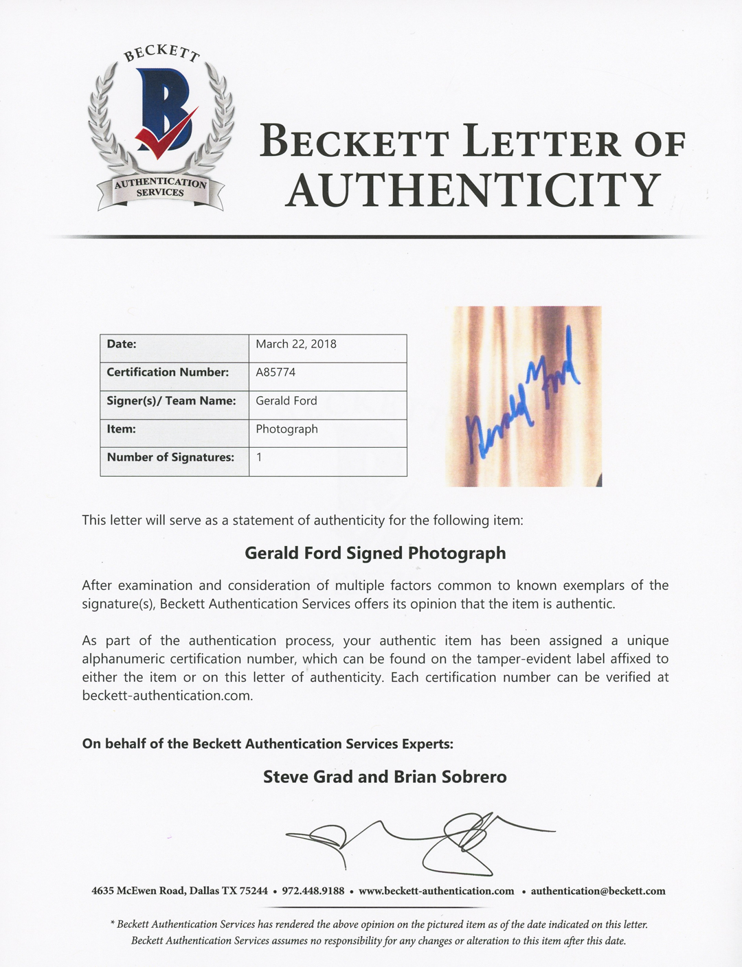 Gerald Ford Signed 8x10 Photo (Beckett LOA) at PristineAuction.com Gerald Ford Signed 8x10 Photo (Beckett LOA) at PristineAuction.com