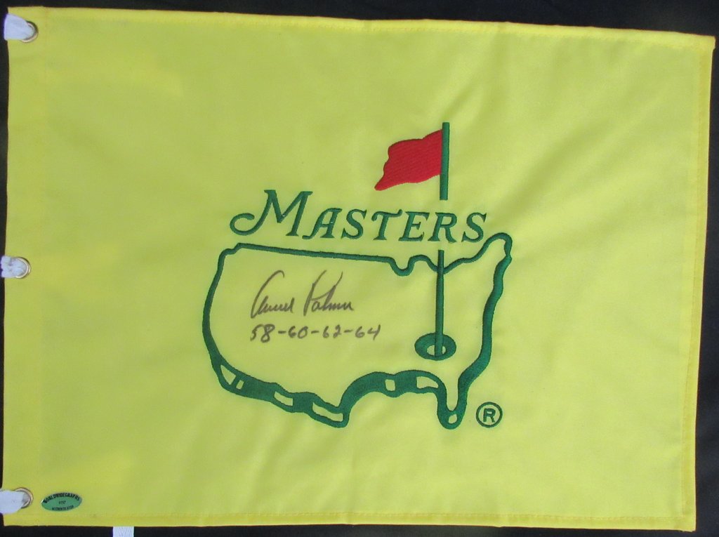 Arnold Palmer Signed Masters Pin Flag Inscribed "58-60-62-64" (Beckett LOA) at PristineAuction.com Arnold Palmer Signed Masters Pin Flag Inscribed "58-60-62-64" (Beckett LOA) at PristineAuction.com