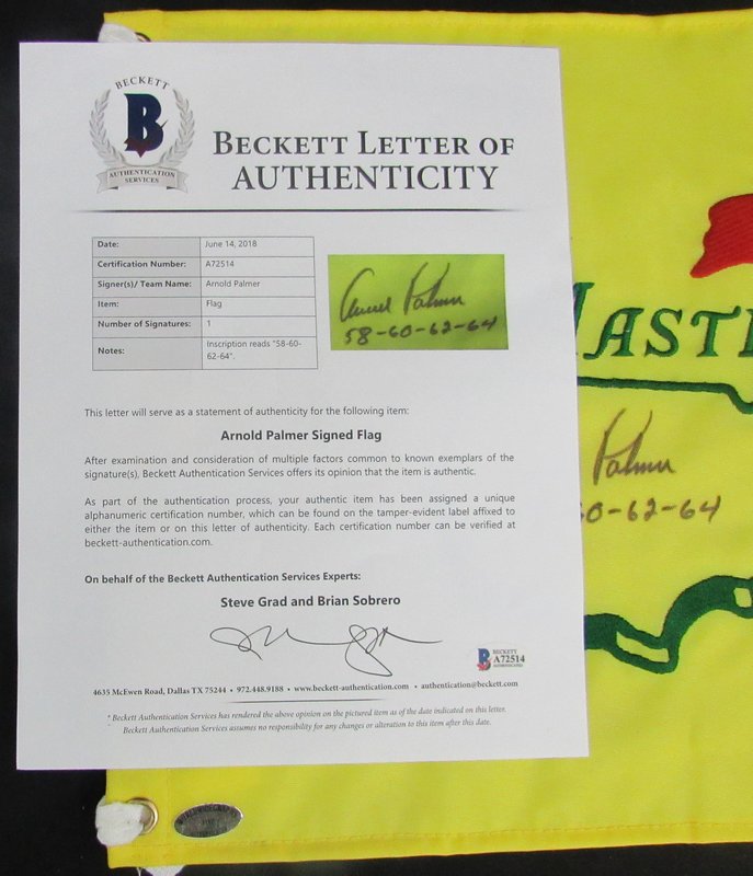 Arnold Palmer Signed Masters Pin Flag Inscribed "58-60-62-64" (Beckett LOA) at PristineAuction.com Arnold Palmer Signed Masters Pin Flag Inscribed "58-60-62-64" (Beckett LOA) at PristineAuction.com