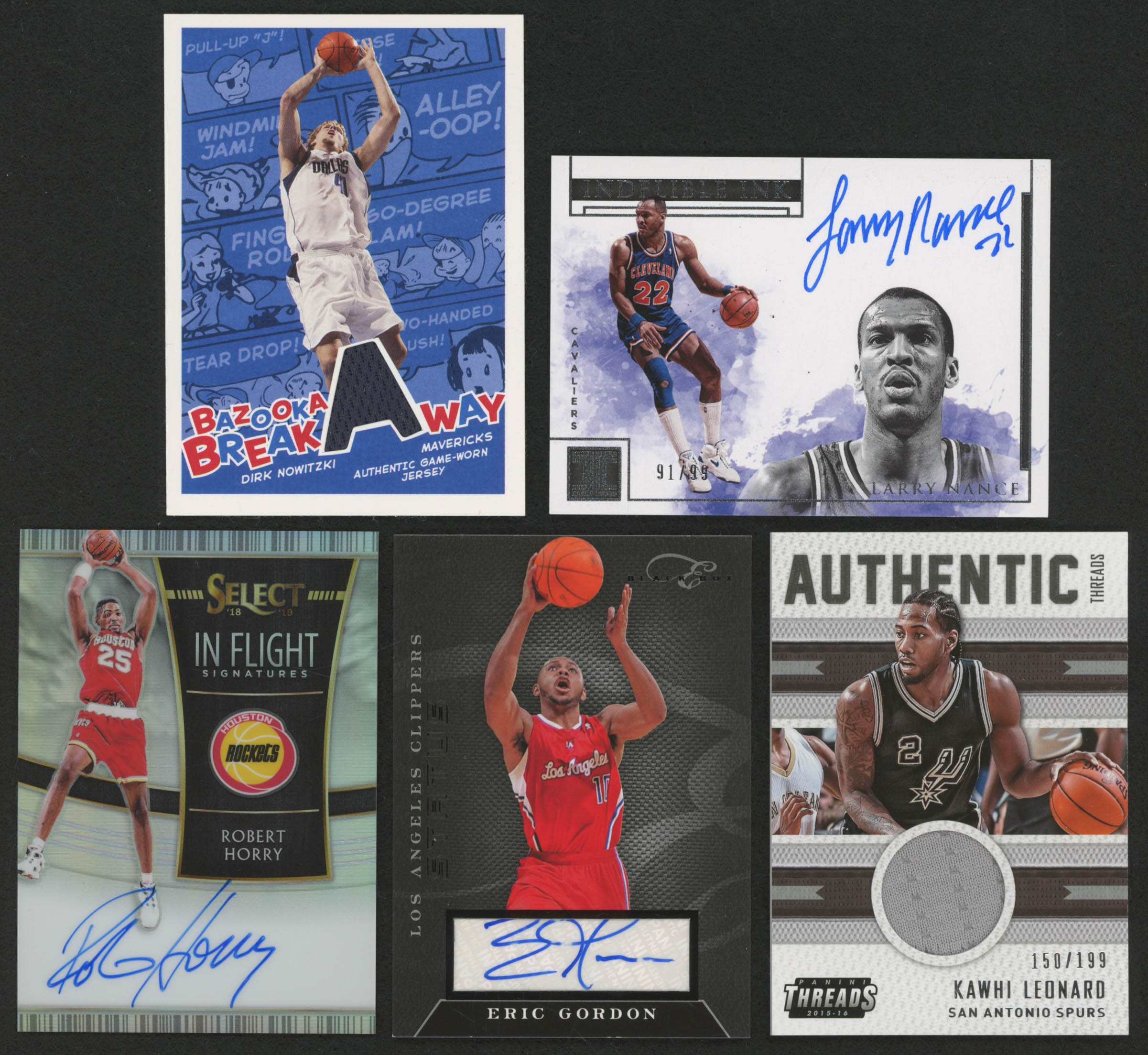 Lot of (5) Basketball Cards with 2010-11 Elite Black Box Signatures #23 Eric Gordon / 149, 2015-16 Panini Threads Authentic Threads #40 Kawhi Leonard / 199, 2005-06 Bazooka #120 Dirk Nowitzki, 2018-19 Panini Impeccable Indelible Ink #7 Larry Nance / 99 at PristineAuction.com Lot of (5) Basketball Cards with 2010-11 Elite Black Box Signatures #23 Eric Gordon / 149, 2015-16 Panini Threads Authentic Threads #40 Kawhi Leonard / 199, 2005-06 Bazooka #120 Dirk Nowitzki, 2018-19 Panini Impeccable Indelible Ink #7 Larry Nance / 99 at PristineAuction.com