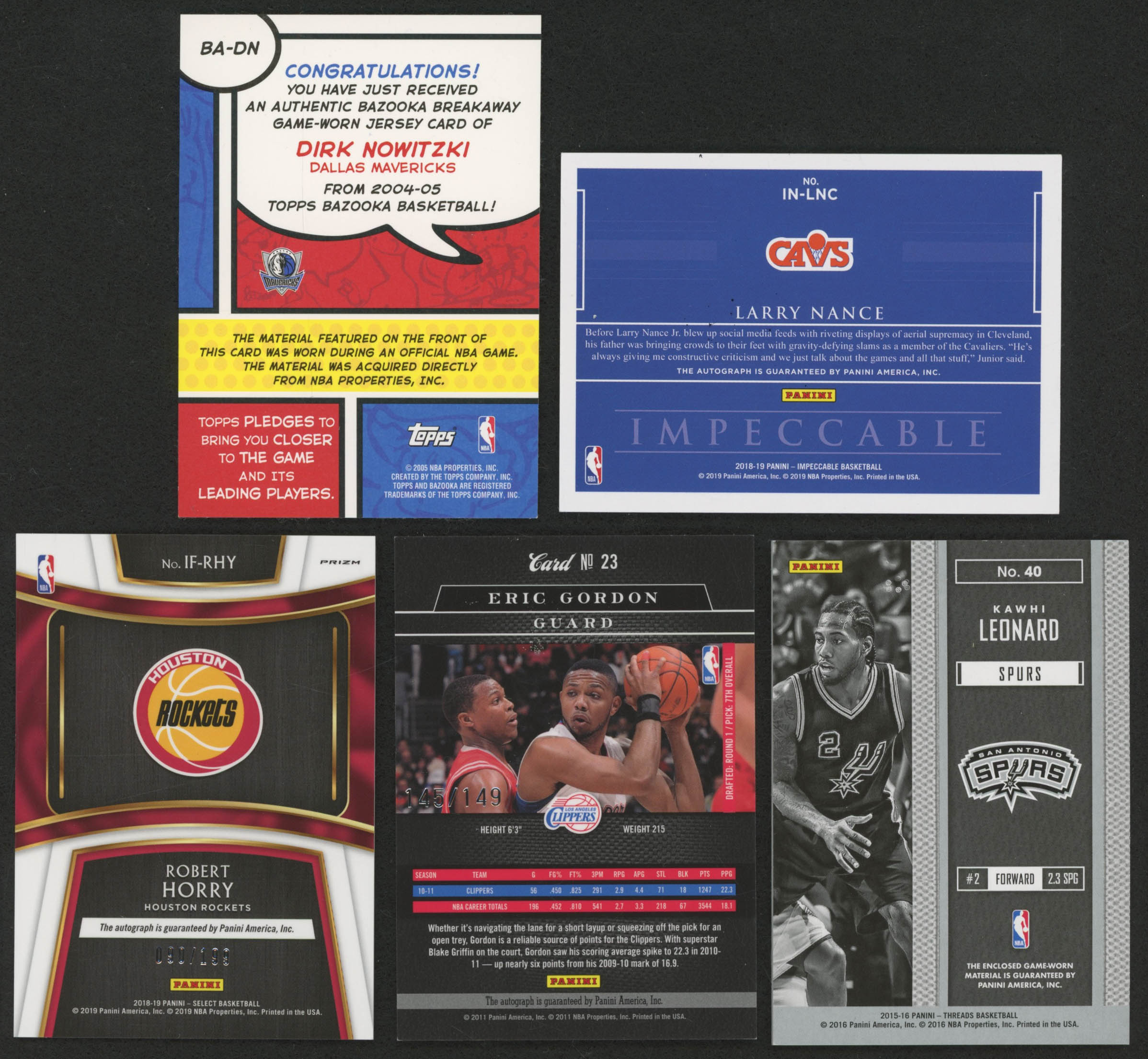 Lot of (5) Basketball Cards with 2010-11 Elite Black Box Signatures #23 Eric Gordon / 149, 2015-16 Panini Threads Authentic Threads #40 Kawhi Leonard / 199, 2005-06 Bazooka #120 Dirk Nowitzki, 2018-19 Panini Impeccable Indelible Ink #7 Larry Nance / 99 at PristineAuction.com Lot of (5) Basketball Cards with 2010-11 Elite Black Box Signatures #23 Eric Gordon / 149, 2015-16 Panini Threads Authentic Threads #40 Kawhi Leonard / 199, 2005-06 Bazooka #120 Dirk Nowitzki, 2018-19 Panini Impeccable Indelible Ink #7 Larry Nance / 99 at PristineAuction.com
