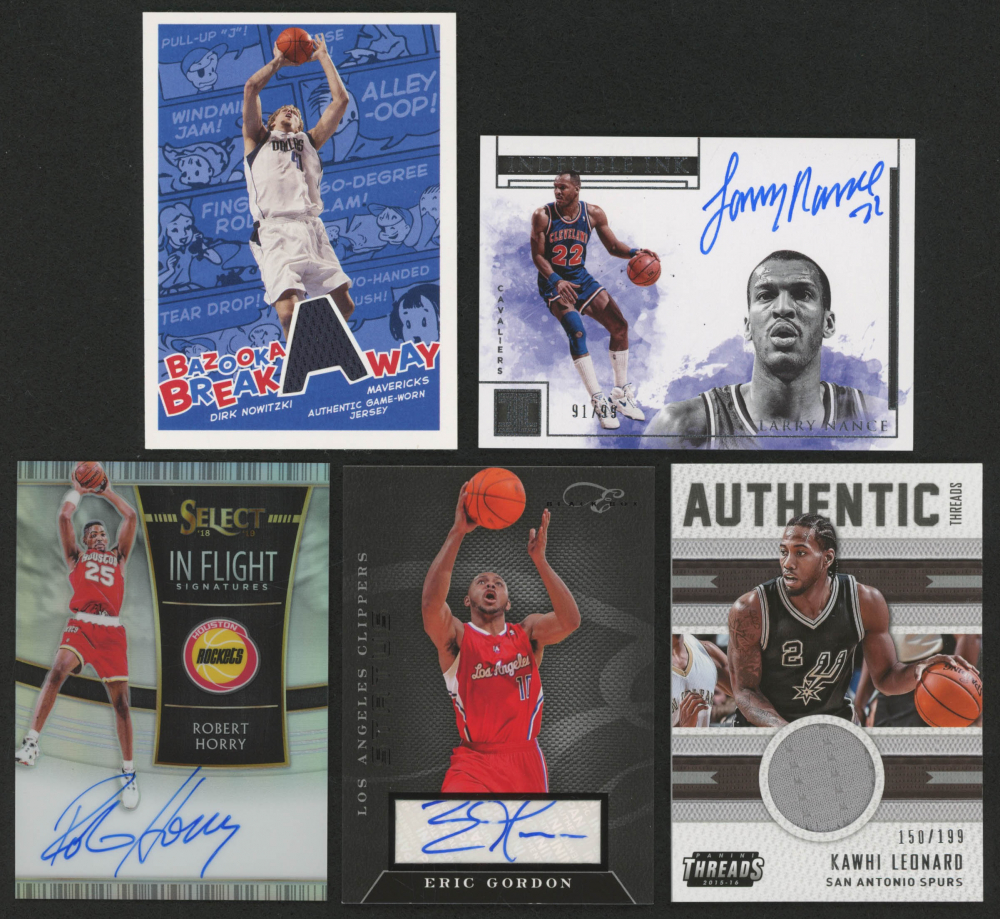 Lot of (5) Basketball Cards with 2010-11 Elite Black Box Signatures #23 Eric Gordon / 149, 2015-16 Panini Threads Authentic Threads #40 Kawhi Leonard / 199, 2005-06 Bazooka #120 Dirk Nowitzki, 2018-19 Panini Impeccable Indelible Ink #7 Larry Nance / 99
