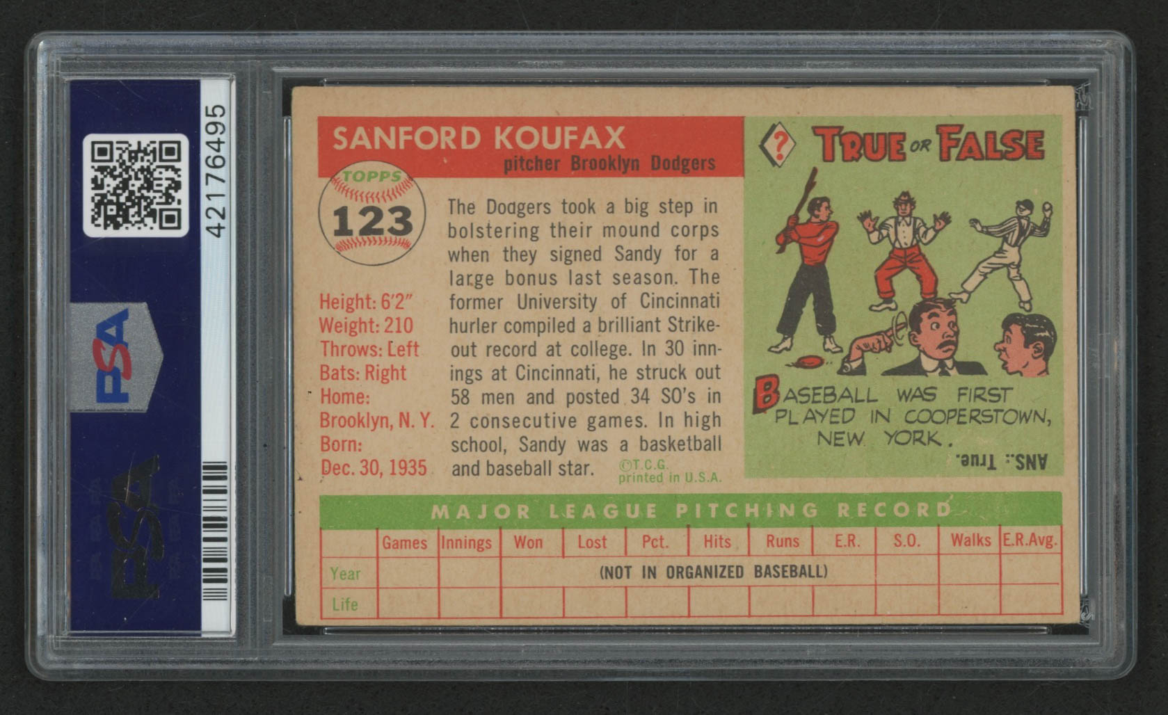 Sandy Koufax Signed 1955 Topps #123 RC (PSA Encapsulated) at PristineAuction.com Sandy Koufax Signed 1955 Topps #123 RC (PSA Encapsulated) at PristineAuction.com