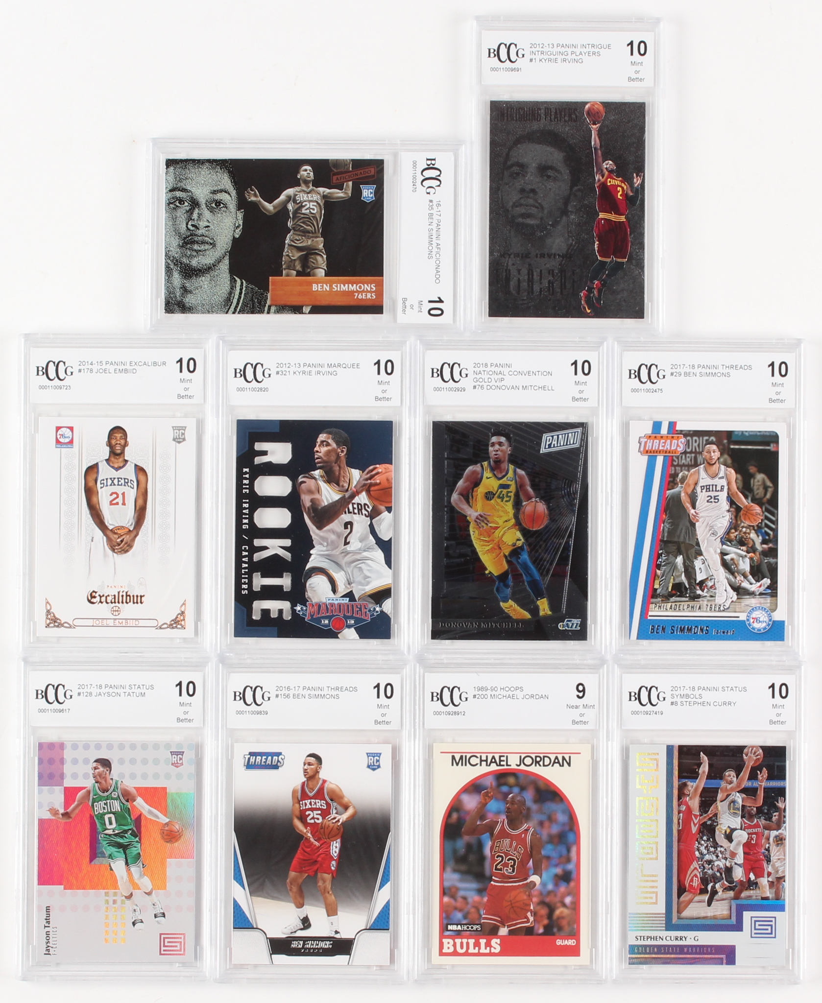 Lot of (10) Assorted Graded Basketball Cards with 2012-13 Panini Marquee #321 Kyrie Irving RC (BCCG 10), 2016-17 Panini Aficionado #35 Ben Simmons RC (BCCG 10), 2014-15 Panini Excalibur #178 Joel Embiid RC (BCCG 10) at PristineAuction.com Lot of (10) Assorted Graded Basketball Cards with 2012-13 Panini Marquee #321 Kyrie Irving RC (BCCG 10), 2016-17 Panini Aficionado #35 Ben Simmons RC (BCCG 10), 2014-15 Panini Excalibur #178 Joel Embiid RC (BCCG 10) at PristineAuction.com