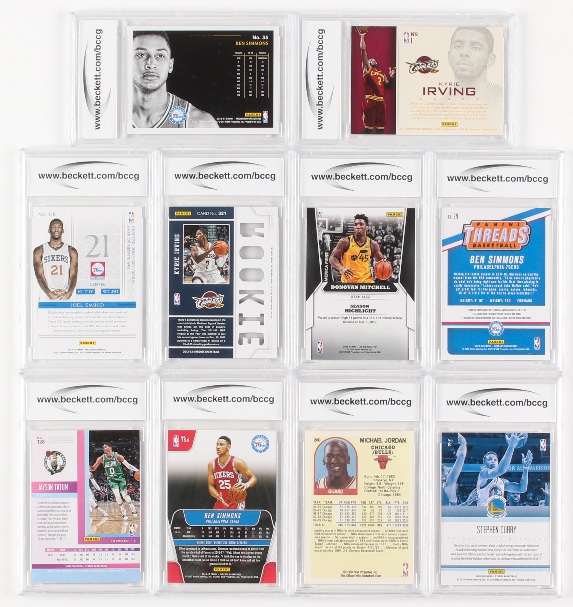 Lot of (10) Assorted Graded Basketball Cards with 2012-13 Panini Marquee #321 Kyrie Irving RC (BCCG 10), 2016-17 Panini Aficionado #35 Ben Simmons RC (BCCG 10), 2014-15 Panini Excalibur #178 Joel Embiid RC (BCCG 10) at PristineAuction.com Lot of (10) Assorted Graded Basketball Cards with 2012-13 Panini Marquee #321 Kyrie Irving RC (BCCG 10), 2016-17 Panini Aficionado #35 Ben Simmons RC (BCCG 10), 2014-15 Panini Excalibur #178 Joel Embiid RC (BCCG 10) at PristineAuction.com