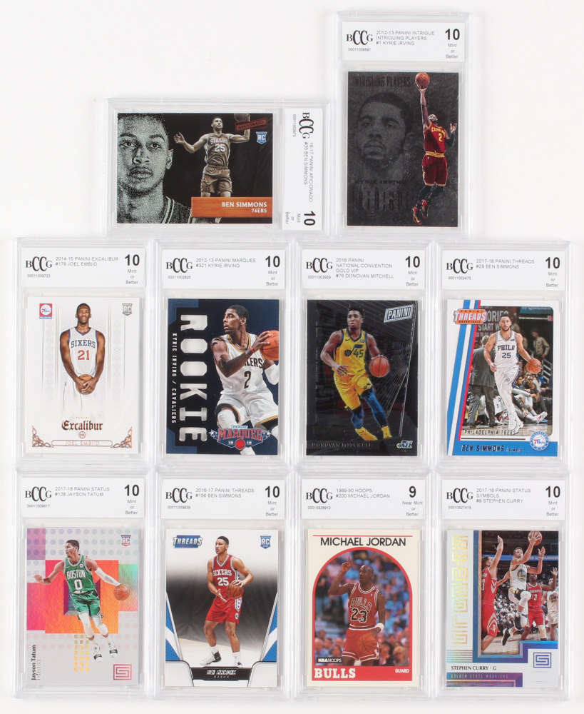 Lot of (10) Assorted Graded Basketball Cards with 2012-13 Panini Marquee #321 Kyrie Irving RC (BCCG 10), 2016-17 Panini Aficionado #35 Ben Simmons RC (BCCG 10), 2014-15 Panini Excalibur #178 Joel Embiid RC (BCCG 10)