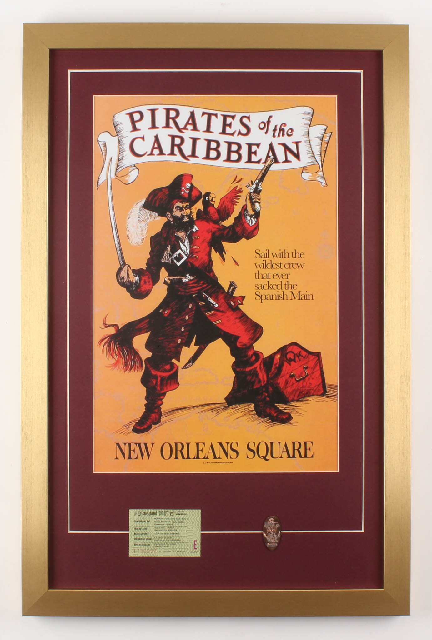 Disneyland's "Pirates of the Caribbean" 17x26 Custom Framed Poster Print Display with Vintage Ticket & Coin at PristineAuction.com Disneyland's "Pirates of the Caribbean" 17x26 Custom Framed Poster Print Display with Vintage Ticket & Coin at PristineAuction.com