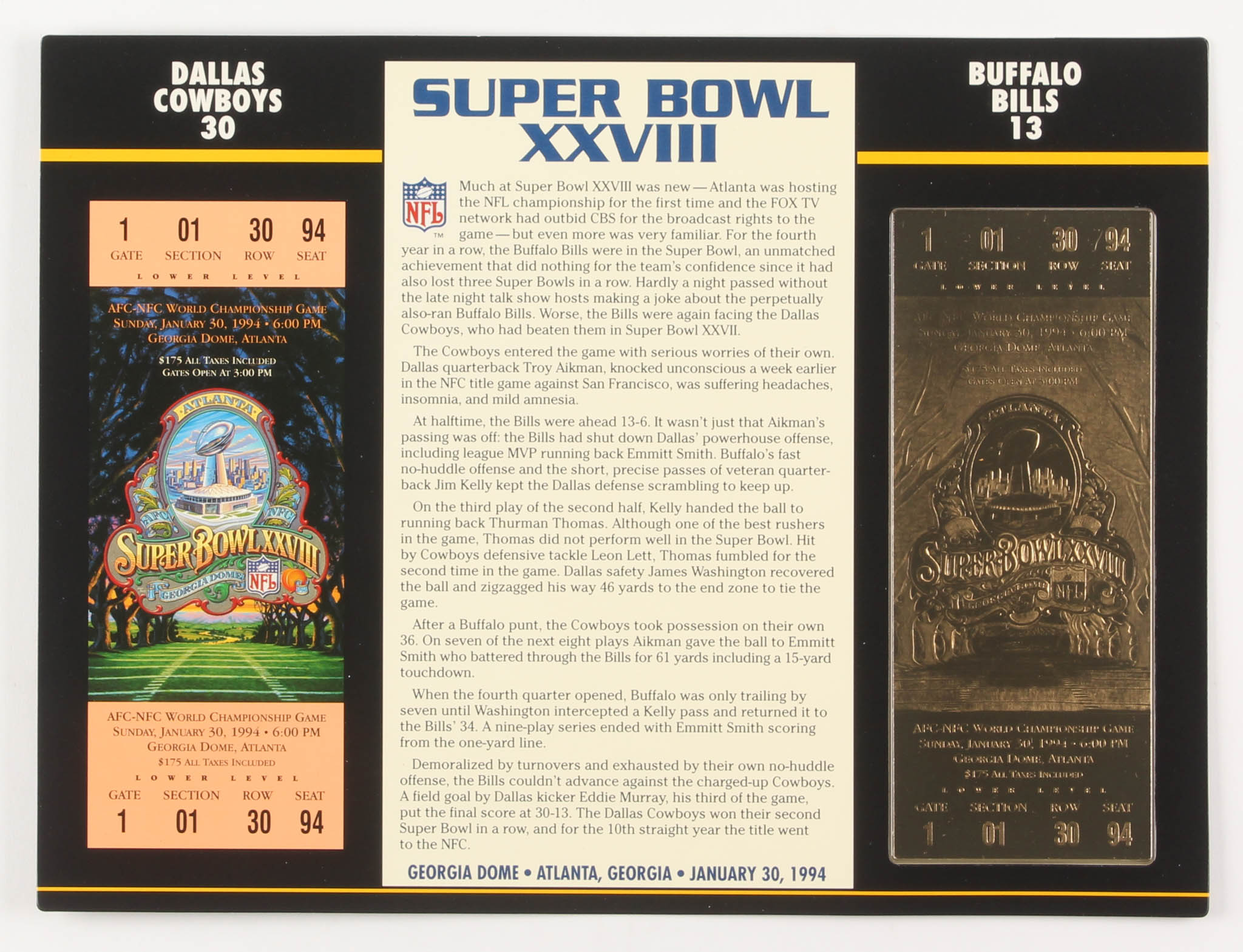Super Bowl XXVIII Commemorative Score Card with 23kt Gold Ticket at PristineAuction.com Super Bowl XXVIII Commemorative Score Card with 23kt Gold Ticket at PristineAuction.com