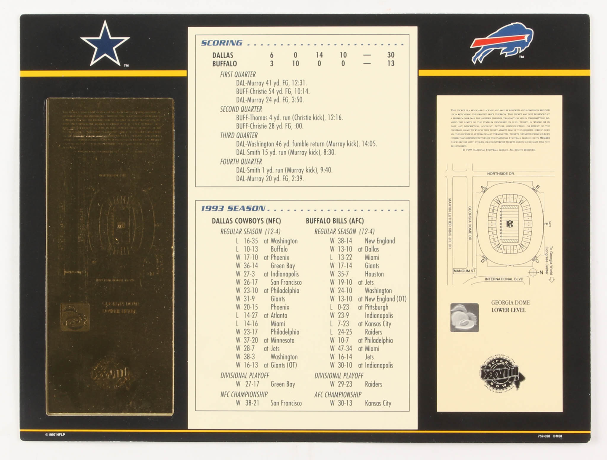 Super Bowl XXVIII Commemorative Score Card with 23kt Gold Ticket at PristineAuction.com Super Bowl XXVIII Commemorative Score Card with 23kt Gold Ticket at PristineAuction.com
