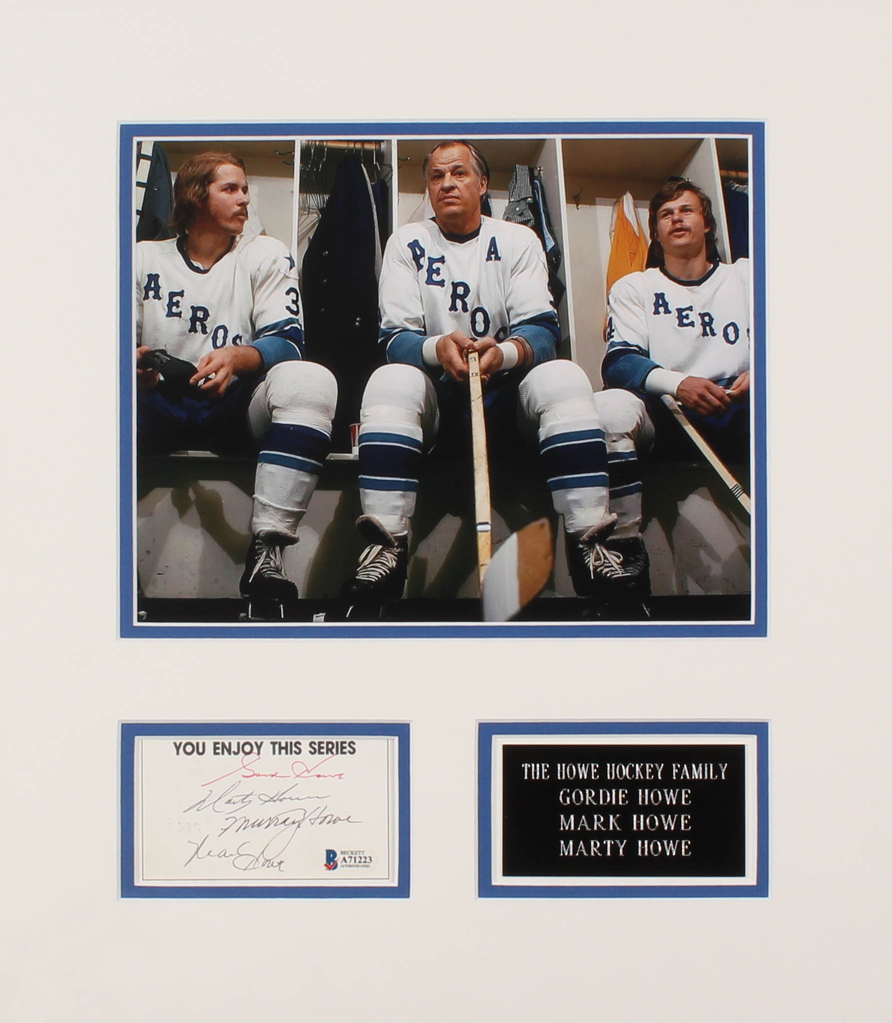The Howe Family Signed 14x16 Index Card Cut Display By (4) With Gordie Howe, Marty Howe, Murray Howe, & Mark Howe With Photo (Beckett LOA) at PristineAuction.com The Howe Family Signed 14x16 Index Card Cut Display By (4) With Gordie Howe, Marty Howe, Murray Howe, & Mark Howe With Photo (Beckett LOA) at PristineAuction.com