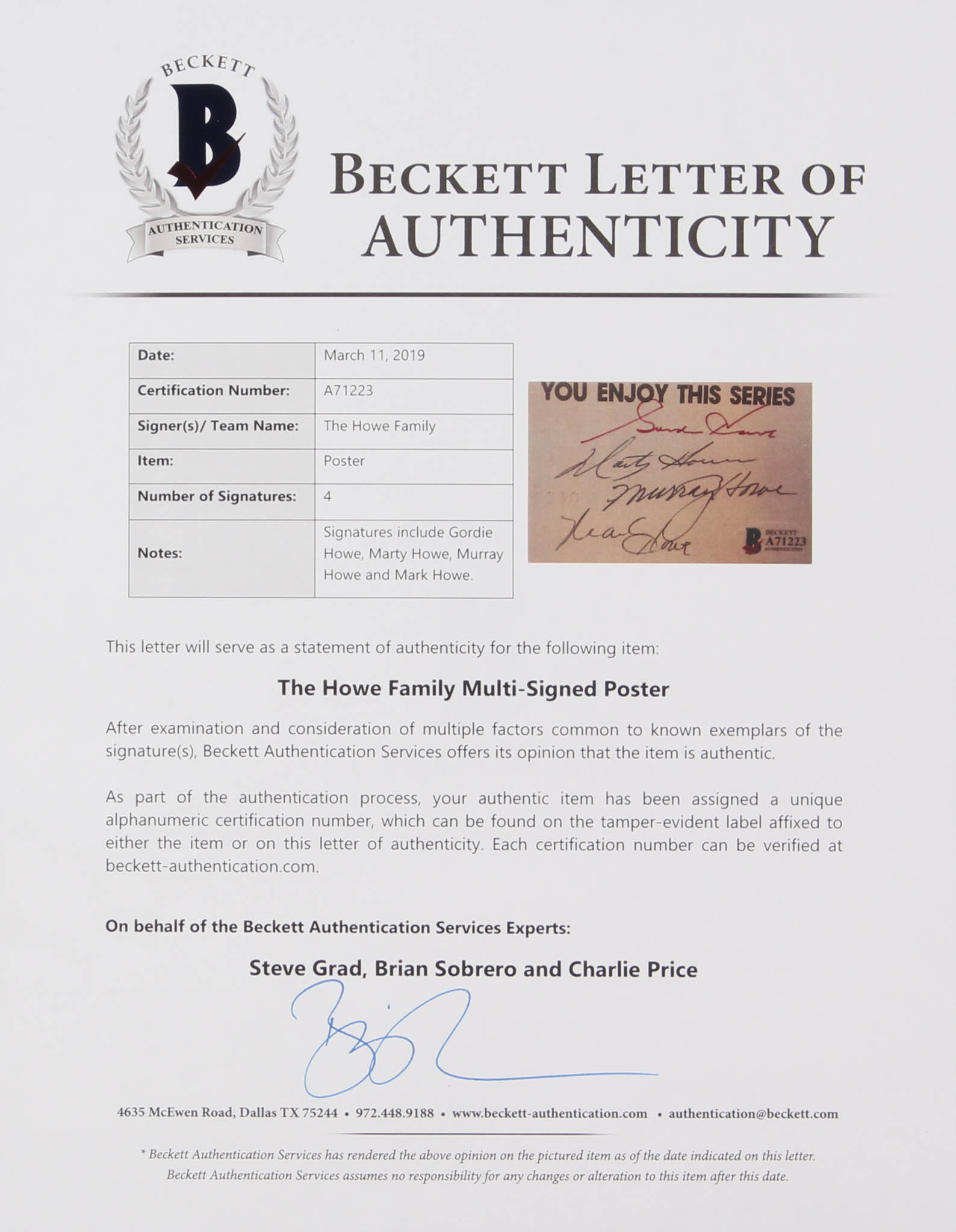 The Howe Family Signed 14x16 Index Card Cut Display By (4) With Gordie Howe, Marty Howe, Murray Howe, & Mark Howe With Photo (Beckett LOA) at PristineAuction.com The Howe Family Signed 14x16 Index Card Cut Display By (4) With Gordie Howe, Marty Howe, Murray Howe, & Mark Howe With Photo (Beckett LOA) at PristineAuction.com