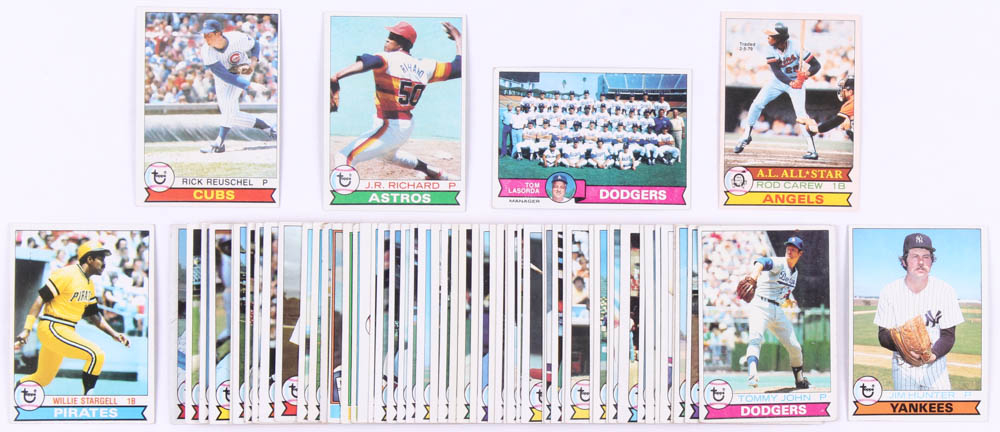 Lot of (64) 1979 Topps / O-Pee-Chee Baseball Cards with #151 Rod Carew, #55 Willie Stargell, #240 Rick Reuschel, #590 J.R. Richard, #670 Jim Hunter