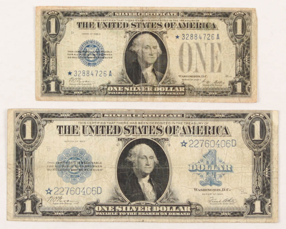 Lot of (2) Star Note $1 One Dollar U.S. Silver Certificates with 1923 Large Size & 1928-A "Funny Back" at PristineAuction.com Lot of (2) Star Note $1 One Dollar U.S. Silver Certificates with 1923 Large Size & 1928-A "Funny Back" at PristineAuction.com