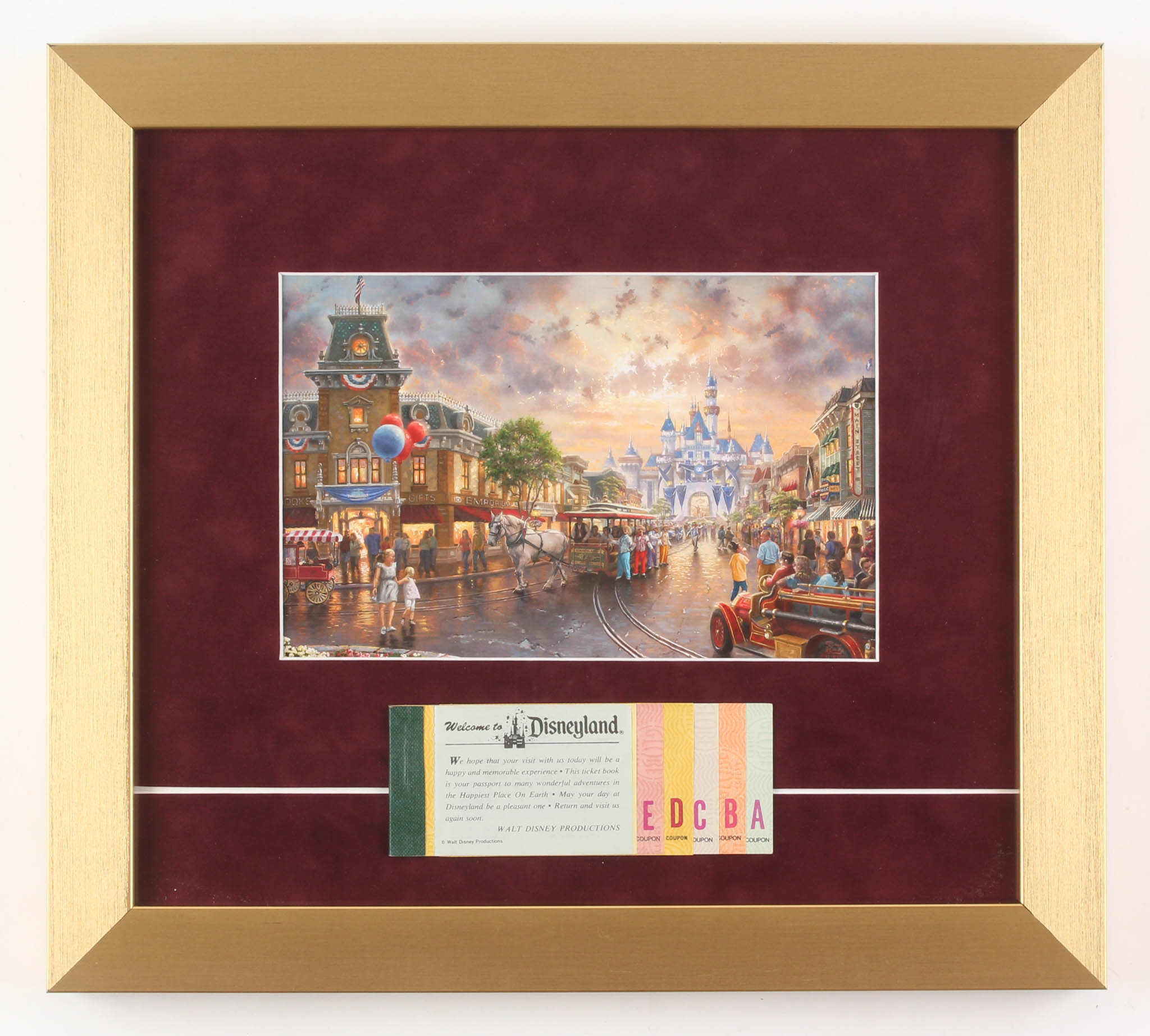Thomas Kinkade Disneyland 13x14.5 Custom Framed Print Display with Vintage Ticket Booklet at PristineAuction.com Thomas Kinkade Disneyland 13x14.5 Custom Framed Print Display with Vintage Ticket Booklet at PristineAuction.com