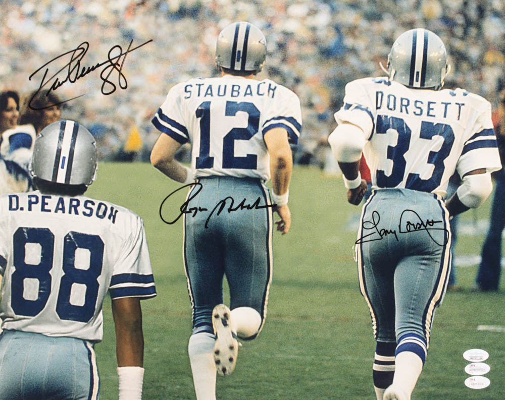 Drew Pearson, Roger Staubach, & Tony Dorsett Signed Dallas Cowboys 16x20 Photo (JSA COA) at PristineAuction.com Drew Pearson, Roger Staubach, & Tony Dorsett Signed Dallas Cowboys 16x20 Photo (JSA COA) at PristineAuction.com