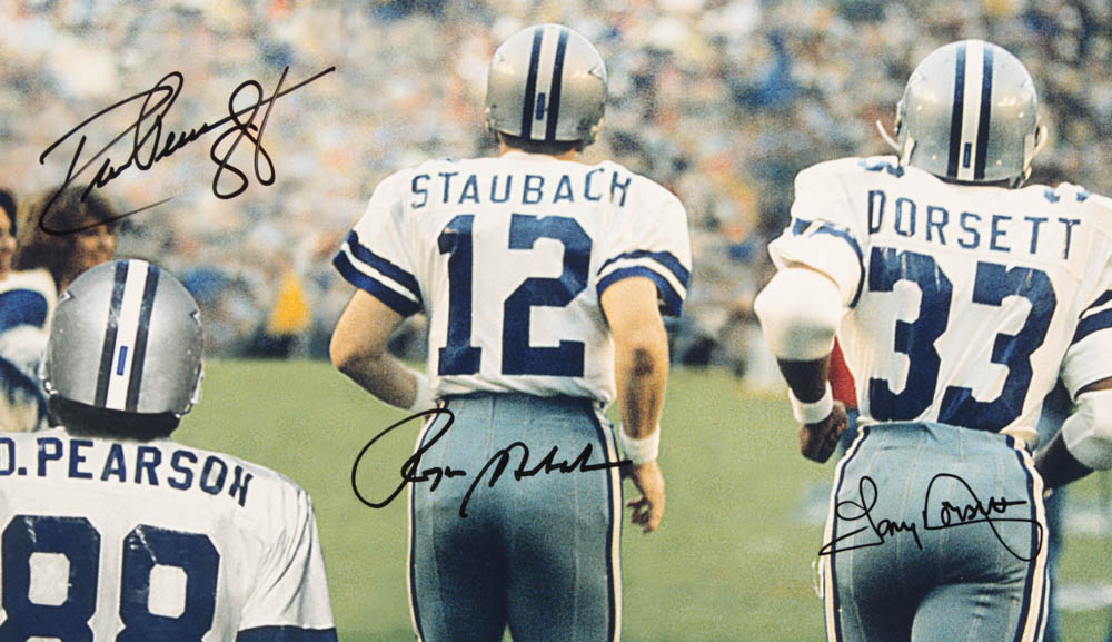 Drew Pearson, Roger Staubach, & Tony Dorsett Signed Dallas Cowboys 16x20 Photo (JSA COA) at PristineAuction.com Drew Pearson, Roger Staubach, & Tony Dorsett Signed Dallas Cowboys 16x20 Photo (JSA COA) at PristineAuction.com