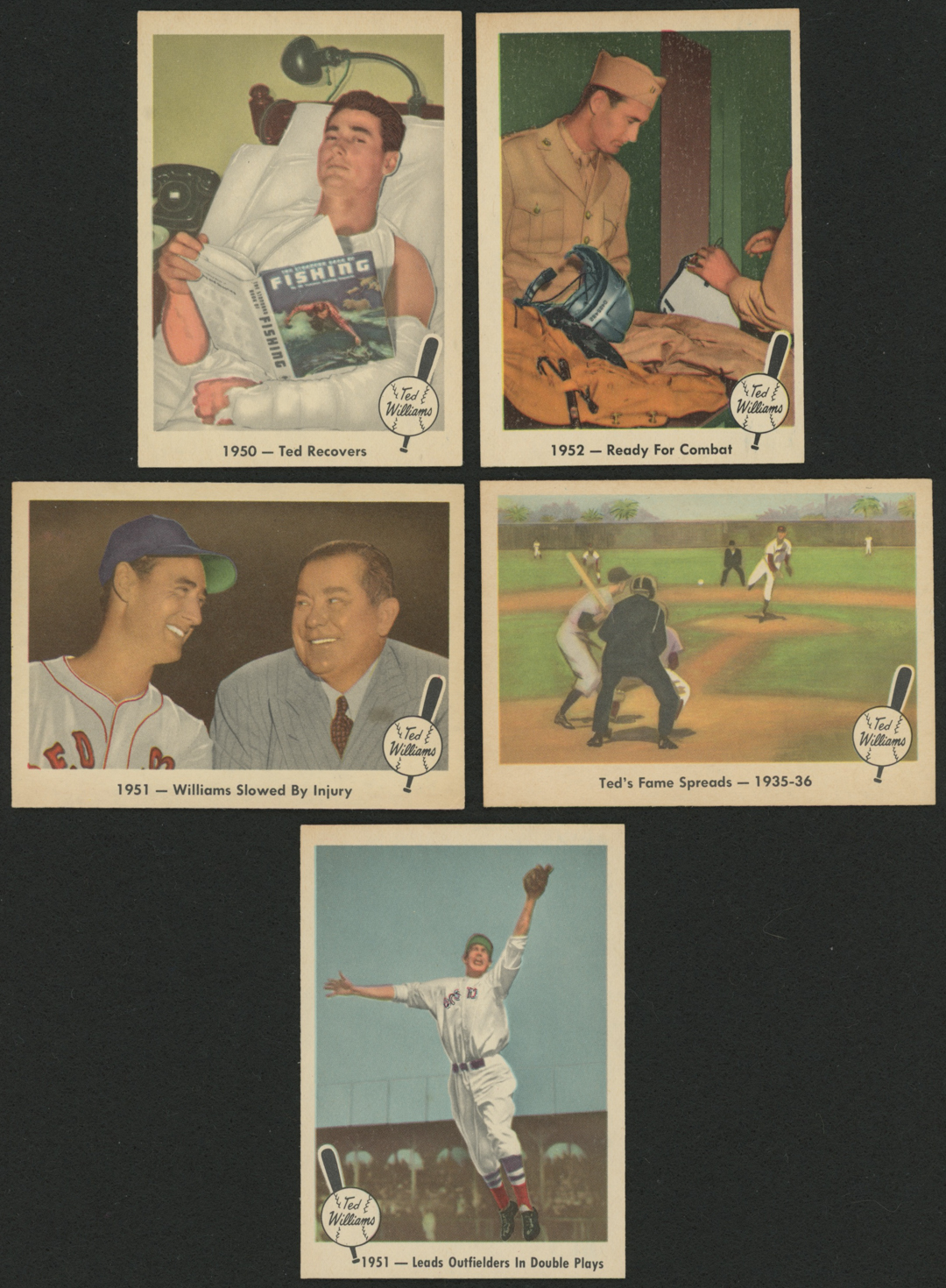 Lot of (5) 1959 Fleer Ted Williams Baseball Cards with #43 Double Play Lead, #42 Williams/Tom Yawkey, #5 Ted's Fame Spreads, #46 Ready for Combat, #41 1950 Ted Recovers at PristineAuction.com Lot of (5) 1959 Fleer Ted Williams Baseball Cards with #43 Double Play Lead, #42 Williams/Tom Yawkey, #5 Ted's Fame Spreads, #46 Ready for Combat, #41 1950 Ted Recovers at PristineAuction.com