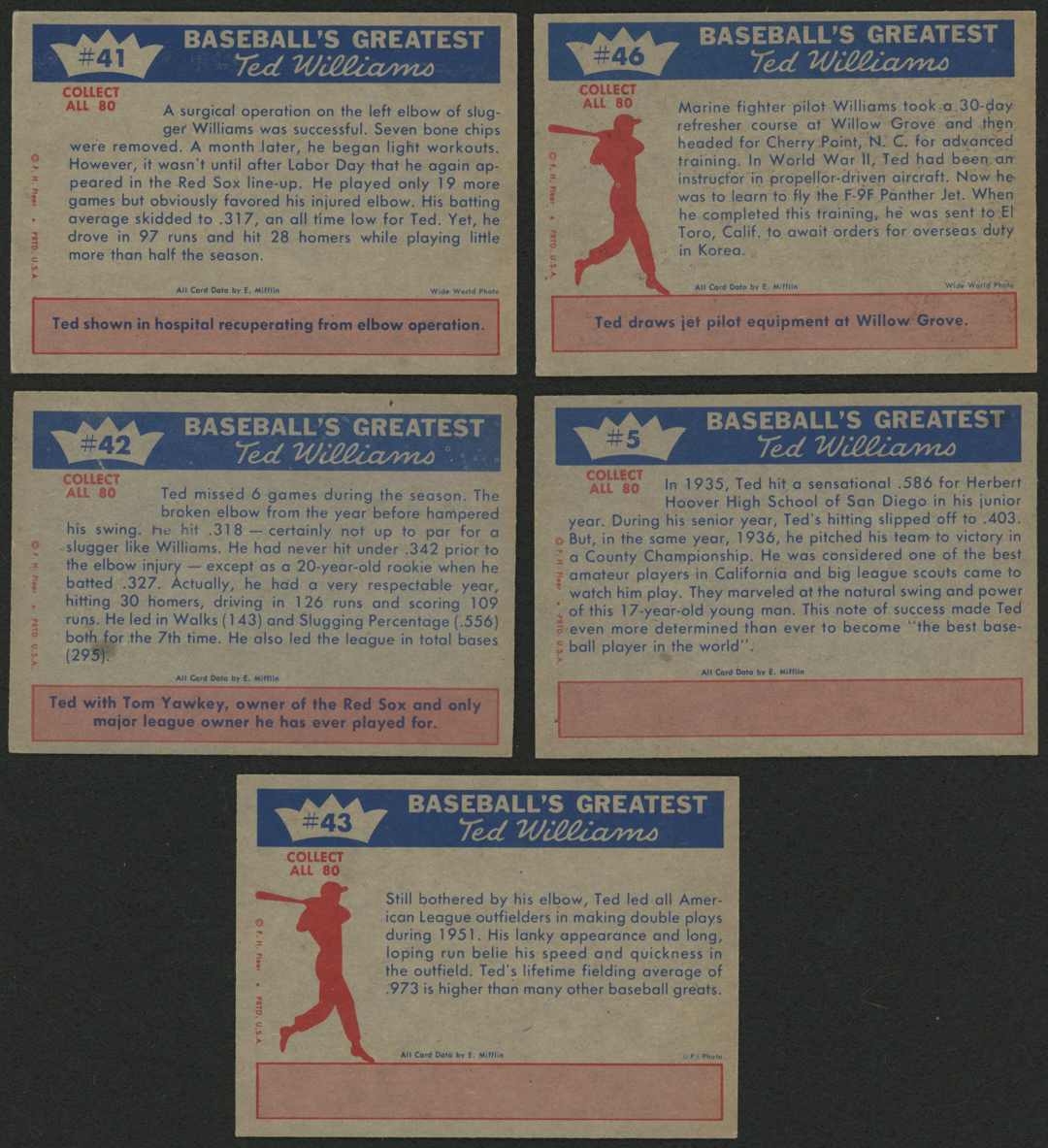 Lot of (5) 1959 Fleer Ted Williams Baseball Cards with #43 Double Play Lead, #42 Williams/Tom Yawkey, #5 Ted's Fame Spreads, #46 Ready for Combat, #41 1950 Ted Recovers at PristineAuction.com Lot of (5) 1959 Fleer Ted Williams Baseball Cards with #43 Double Play Lead, #42 Williams/Tom Yawkey, #5 Ted's Fame Spreads, #46 Ready for Combat, #41 1950 Ted Recovers at PristineAuction.com