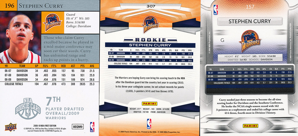 Lot of (3) 2009-10 Stephen Curry Basketball Cards wtih Prestige #157 RC, Panini #307 RC, & Upper Deck First Edition #196 RC at PristineAuction.com Lot of (3) 2009-10 Stephen Curry Basketball Cards wtih Prestige #157 RC, Panini #307 RC, & Upper Deck First Edition #196 RC at PristineAuction.com