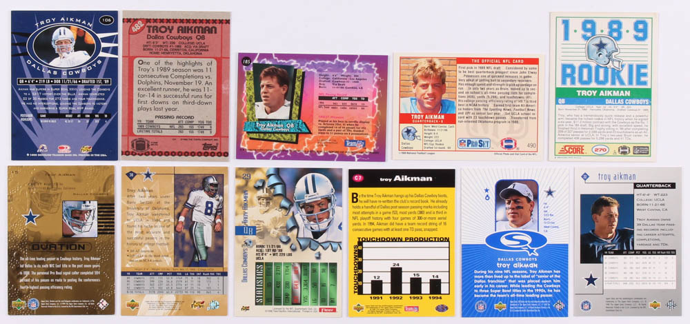 Lot of (170) Troy Aikman Football Cards with 1989 Score #270 RC, 1989 Pro Set #490 RC, 1990 Topps #482, 1999 Donruss Preferred QBC #106, 1998 UD Choice Starquest #8, 1996 Metal #29 at PristineAuction.com Lot of (170) Troy Aikman Football Cards with 1989 Score #270 RC, 1989 Pro Set #490 RC, 1990 Topps #482, 1999 Donruss Preferred QBC #106, 1998 UD Choice Starquest #8, 1996 Metal #29 at PristineAuction.com