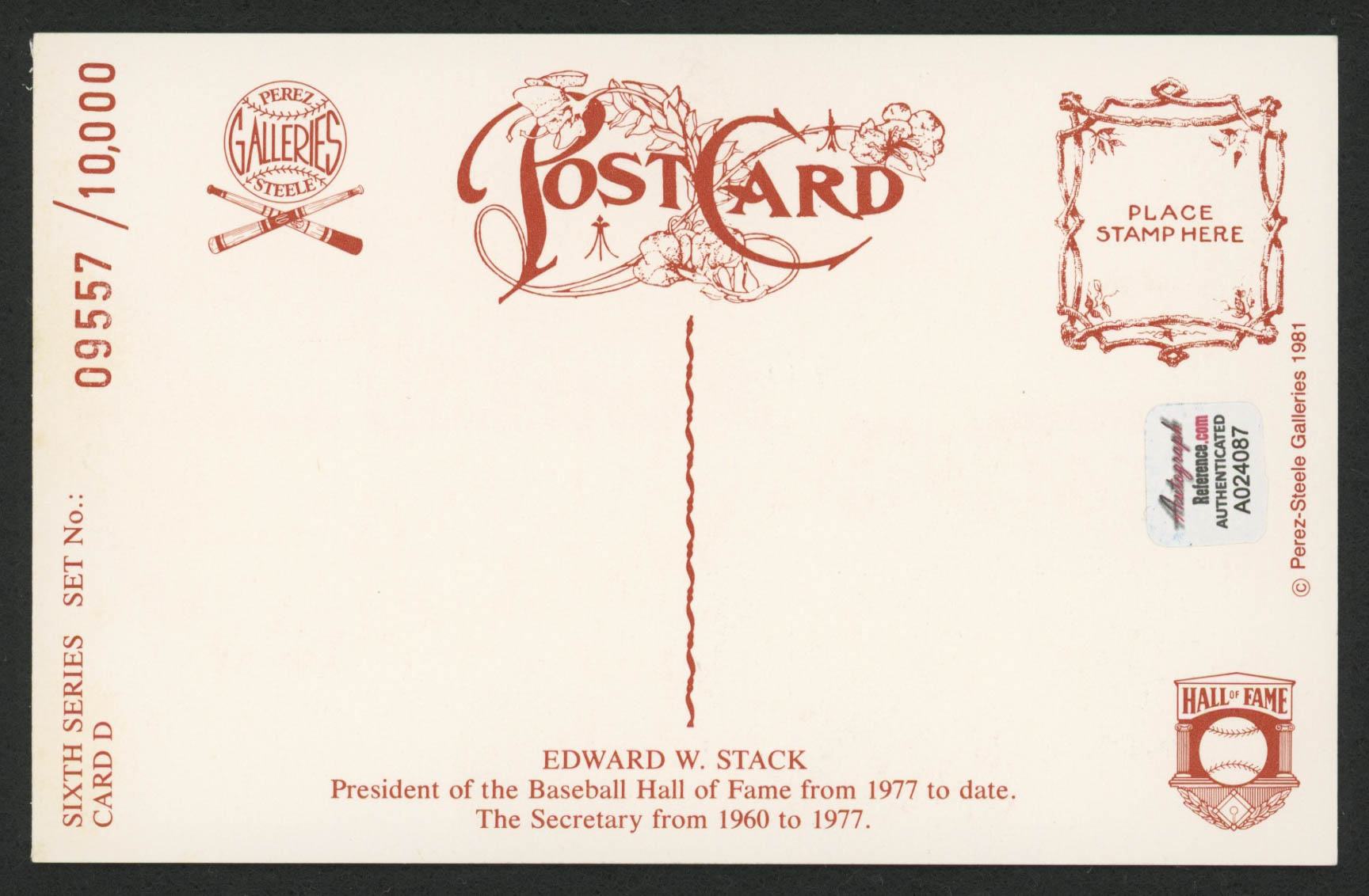 Edward W. Stack Signed LE 1980-02 Perez-Steele Hall of Fame Postcards #D (Autograph Reference Hologram) at PristineAuction.com Edward W. Stack Signed LE 1980-02 Perez-Steele Hall of Fame Postcards #D (Autograph Reference Hologram) at PristineAuction.com