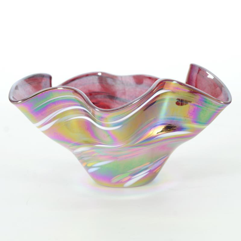 Glass Eye Studios "Mini Wave Bowl (Red Rainbow Twist)" Hand Blown Glass Sculpture (PA) at PristineAuction.com Glass Eye Studios "Mini Wave Bowl (Red Rainbow Twist)" Hand Blown Glass Sculpture (PA) at PristineAuction.com