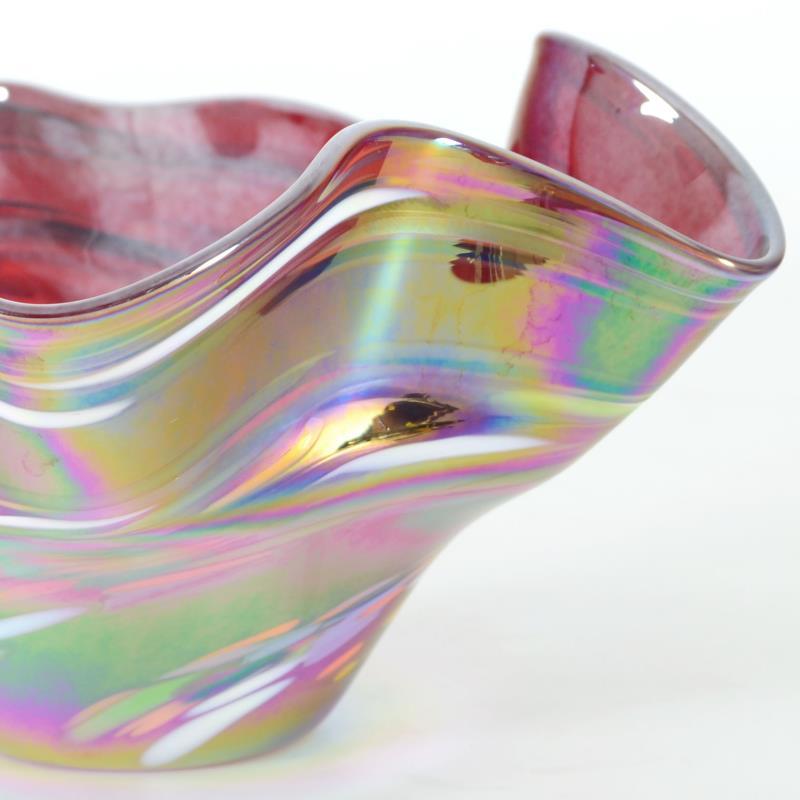 Glass Eye Studios "Mini Wave Bowl (Red Rainbow Twist)" Hand Blown Glass Sculpture (PA) at PristineAuction.com Glass Eye Studios "Mini Wave Bowl (Red Rainbow Twist)" Hand Blown Glass Sculpture (PA) at PristineAuction.com
