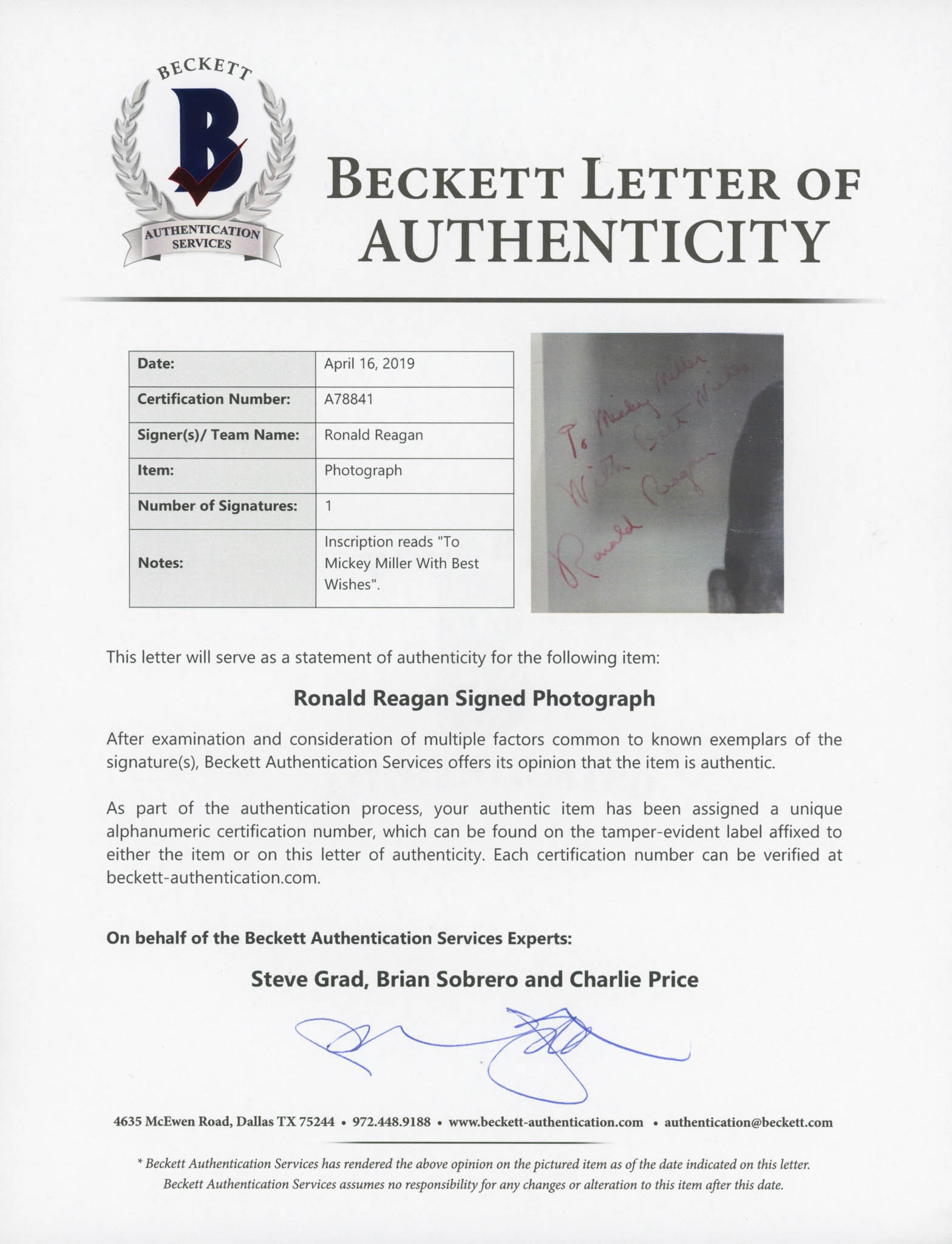 Ronald Reagan Signed 8x10 Photo Inscribed "With Best Wishes" (Beckett LOA) at PristineAuction.com Ronald Reagan Signed 8x10 Photo Inscribed "With Best Wishes" (Beckett LOA) at PristineAuction.com