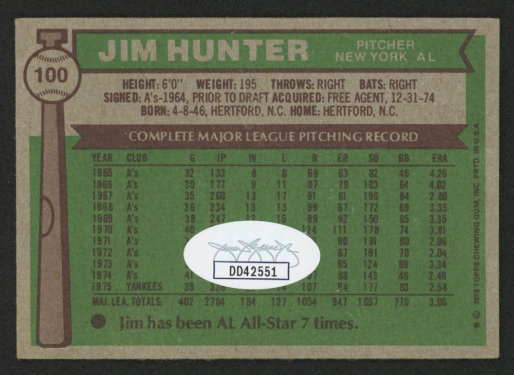 Jim "Catfish" Hunter Signed 1976 Topps 100 (JSA COA) Pristine Auction