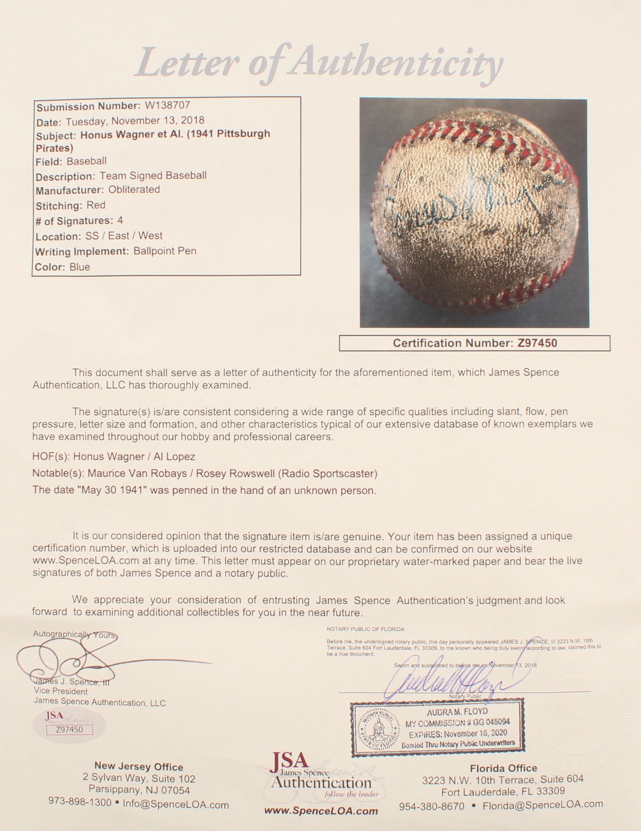 Honus Wagner Signed Baseball Signed by (4) with Al Lopez, Honus Wagner, Maurice Van Robays & Rosey Rowswell (JSA LOA) at PristineAuction.com Honus Wagner Signed Baseball Signed by (4) with Al Lopez, Honus Wagner, Maurice Van Robays & Rosey Rowswell (JSA LOA) at PristineAuction.com