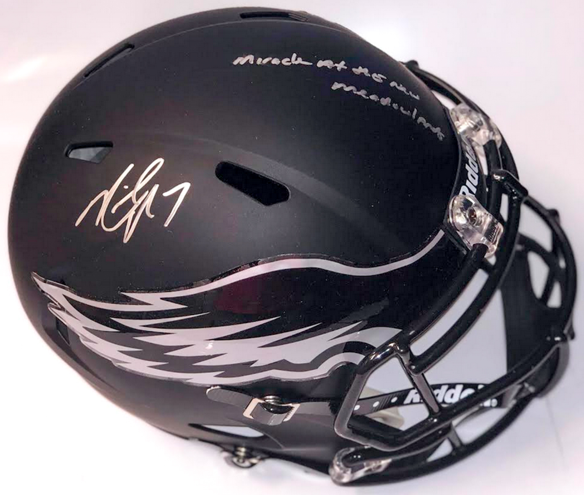 Michael Vick Signed Philadelphia Eagles Matte Black Full-Size Speed Helmet Inscribed "Miracle at the New Meadowlands" (PSA COA) at PristineAuction.com Michael Vick Signed Philadelphia Eagles Matte Black Full-Size Speed Helmet Inscribed "Miracle at the New Meadowlands" (PSA COA) at PristineAuction.com