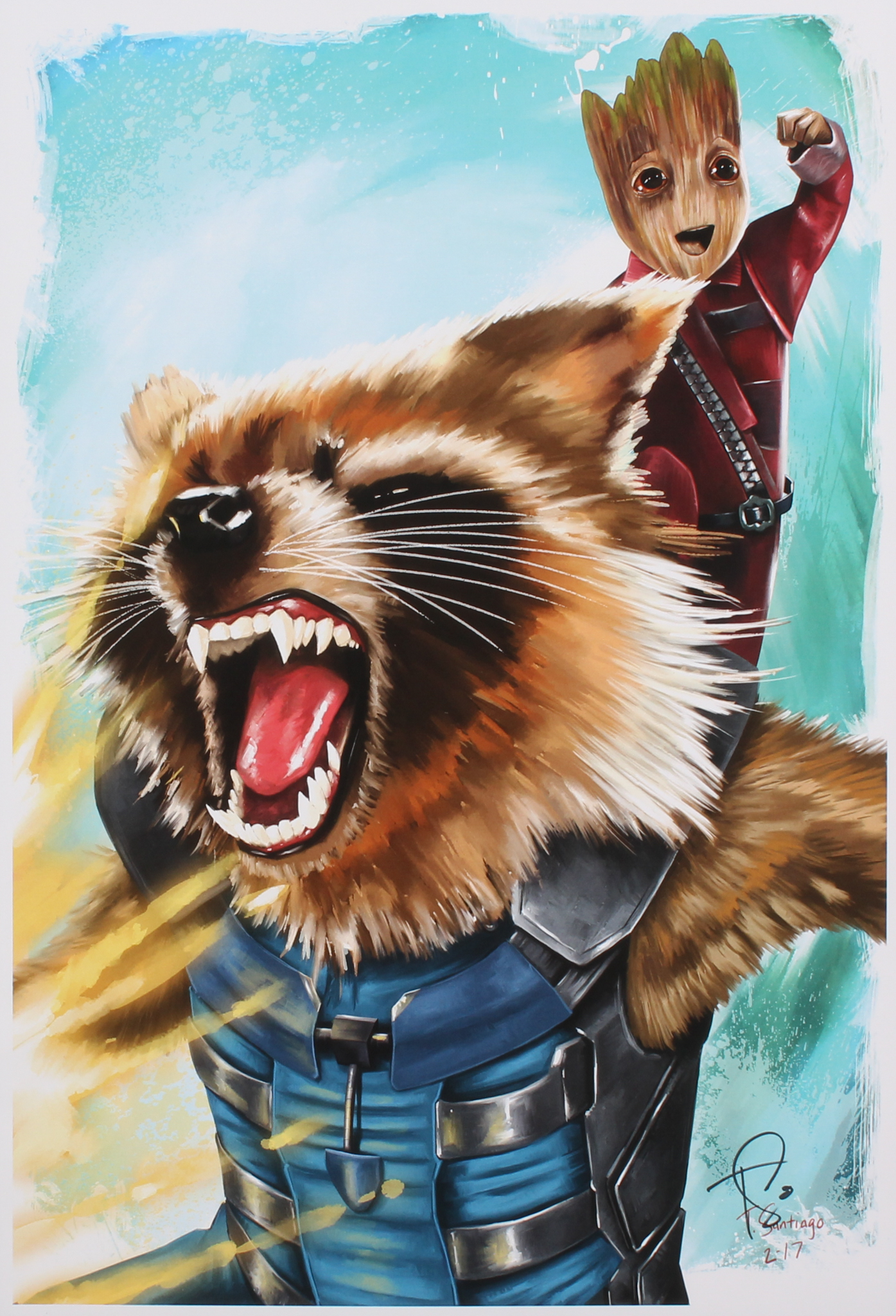 Tony Santiago - Rocket Raccoon & Baby Groot - Guardians of the Galaxy - Marvel Comics 13x19 Signed Lithograph (PA) at PristineAuction.com Tony Santiago - Rocket Raccoon & Baby Groot - Guardians of the Galaxy - Marvel Comics 13x19 Signed Lithograph (PA) at PristineAuction.com