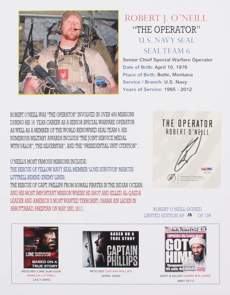 Robert J. O'Neill Signed LE SEAL Team Six 13x16 Print (PSA COA) at PristineAuction.com Robert J. O'Neill Signed LE SEAL Team Six 13x16 Print (PSA COA) at PristineAuction.com