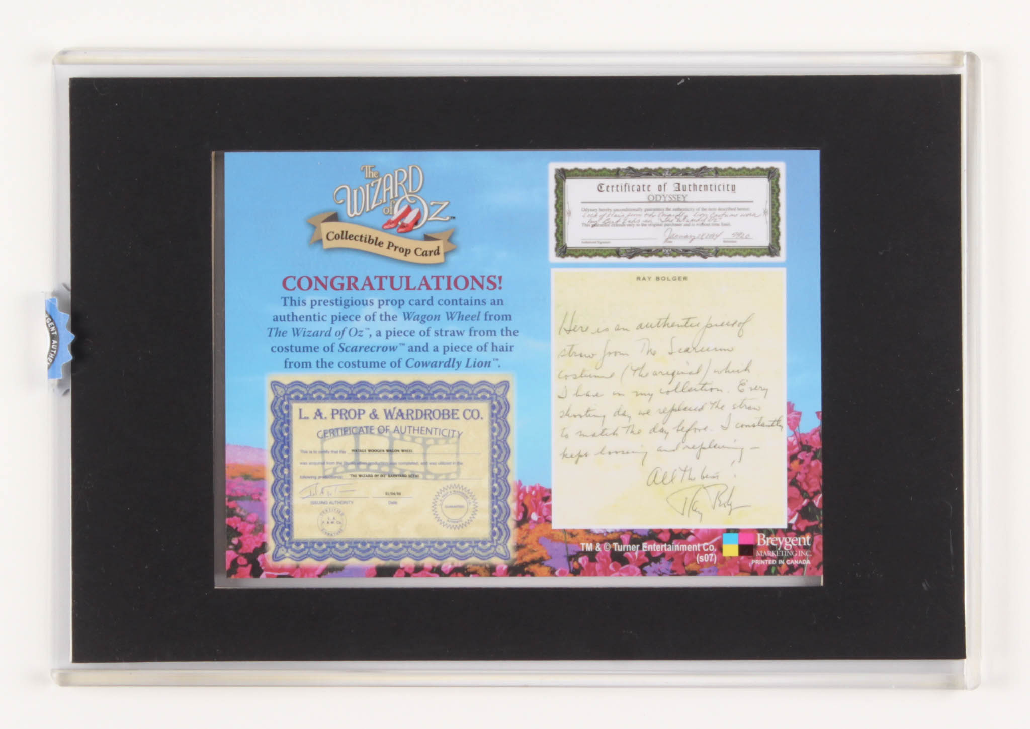 "Wizard of Oz" Prop Card Display With Piece of Wagon Wheel, Straw From Scarecrow & Hair From Lion (Odyssey COA) at PristineAuction.com "Wizard of Oz" Prop Card Display With Piece of Wagon Wheel, Straw From Scarecrow & Hair From Lion (Odyssey COA) at PristineAuction.com