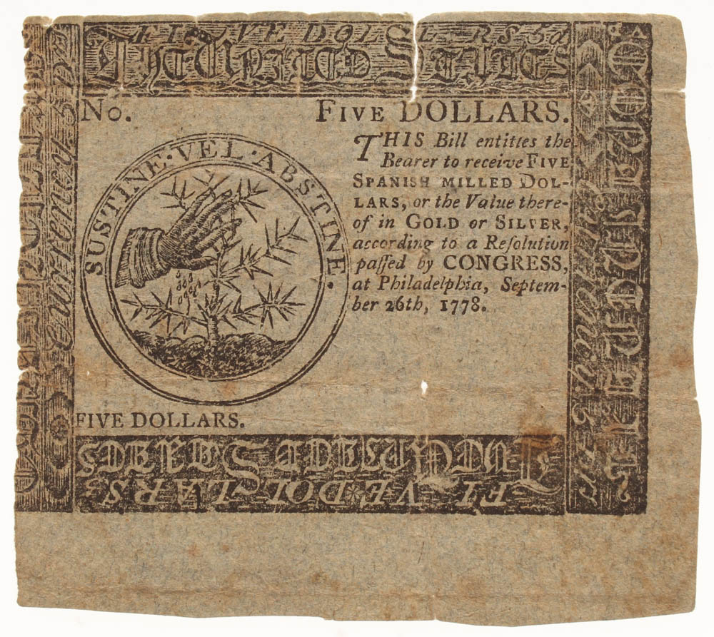 1778 $5 Five Dollars Continental Colonial Currency Note at PristineAuction.com 1778 $5 Five Dollars Continental Colonial Currency Note at PristineAuction.com