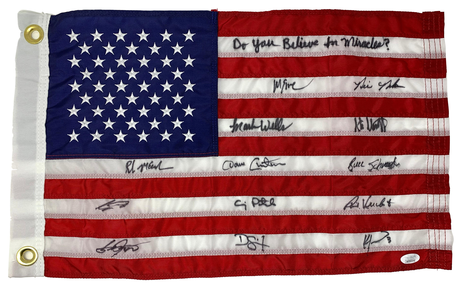 1980 Team USA "Miracle on Ice" American Flag Team-Signed by (13) with Mike Eruzione, Bill Baker, Dave Christain, Steve Christoff Inscribed "Do You Believe in Miracles?" (JSA COA) at PristineAuction.com 1980 Team USA "Miracle on Ice" American Flag Team-Signed by (13) with Mike Eruzione, Bill Baker, Dave Christain, Steve Christoff Inscribed "Do You Believe in Miracles?" (JSA COA) at PristineAuction.com