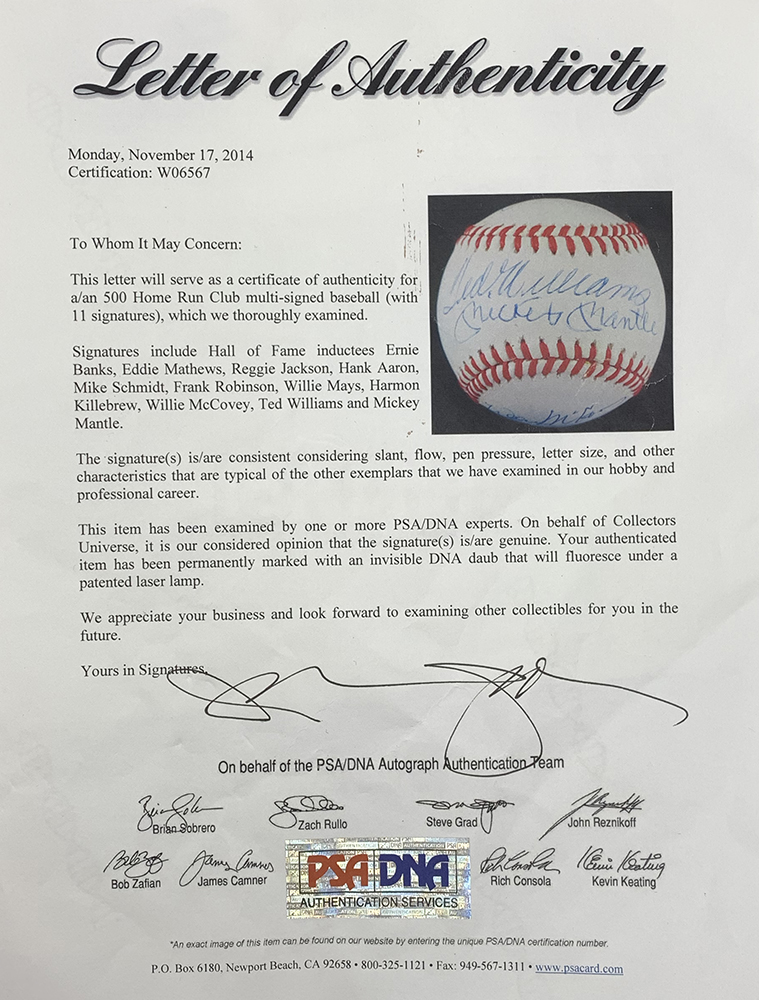 500 Home Run Club OAL Baseball Signed by (11) with Mickey Mantle, Ted Williams, Willie Mays, Harmon Killebrew, Frank Robinson with High-Quality Display Case (PSA LOA) at PristineAuction.com 500 Home Run Club OAL Baseball Signed by (11) with Mickey Mantle, Ted Williams, Willie Mays, Harmon Killebrew, Frank Robinson with High-Quality Display Case (PSA LOA) at PristineAuction.com