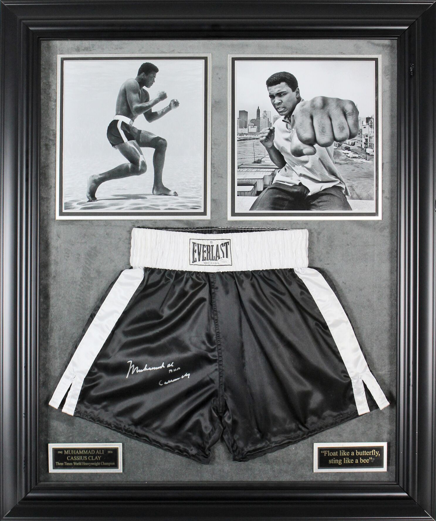 Muhammad Ali Signed 35x42 Custom Framed Boxing Trunks Display Inscribed "AKA Cassius Clay" (JSA LOA) at PristineAuction.com Muhammad Ali Signed 35x42 Custom Framed Boxing Trunks Display Inscribed "AKA Cassius Clay" (JSA LOA) at PristineAuction.com