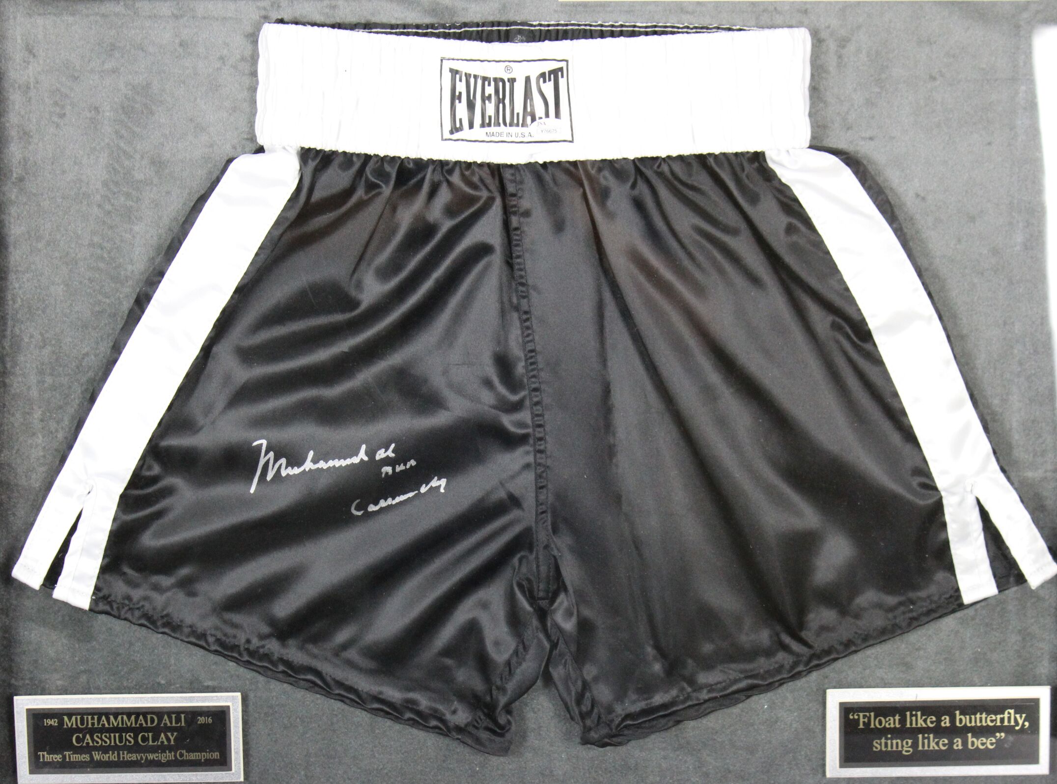 Muhammad Ali Signed 35x42 Custom Framed Boxing Trunks Display Inscribed "AKA Cassius Clay" (JSA LOA) at PristineAuction.com Muhammad Ali Signed 35x42 Custom Framed Boxing Trunks Display Inscribed "AKA Cassius Clay" (JSA LOA) at PristineAuction.com