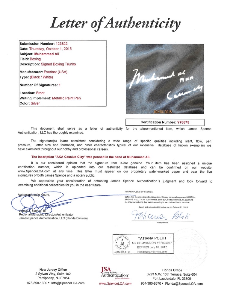 Muhammad Ali Signed 35x42 Custom Framed Boxing Trunks Display Inscribed "AKA Cassius Clay" (JSA LOA) at PristineAuction.com Muhammad Ali Signed 35x42 Custom Framed Boxing Trunks Display Inscribed "AKA Cassius Clay" (JSA LOA) at PristineAuction.com