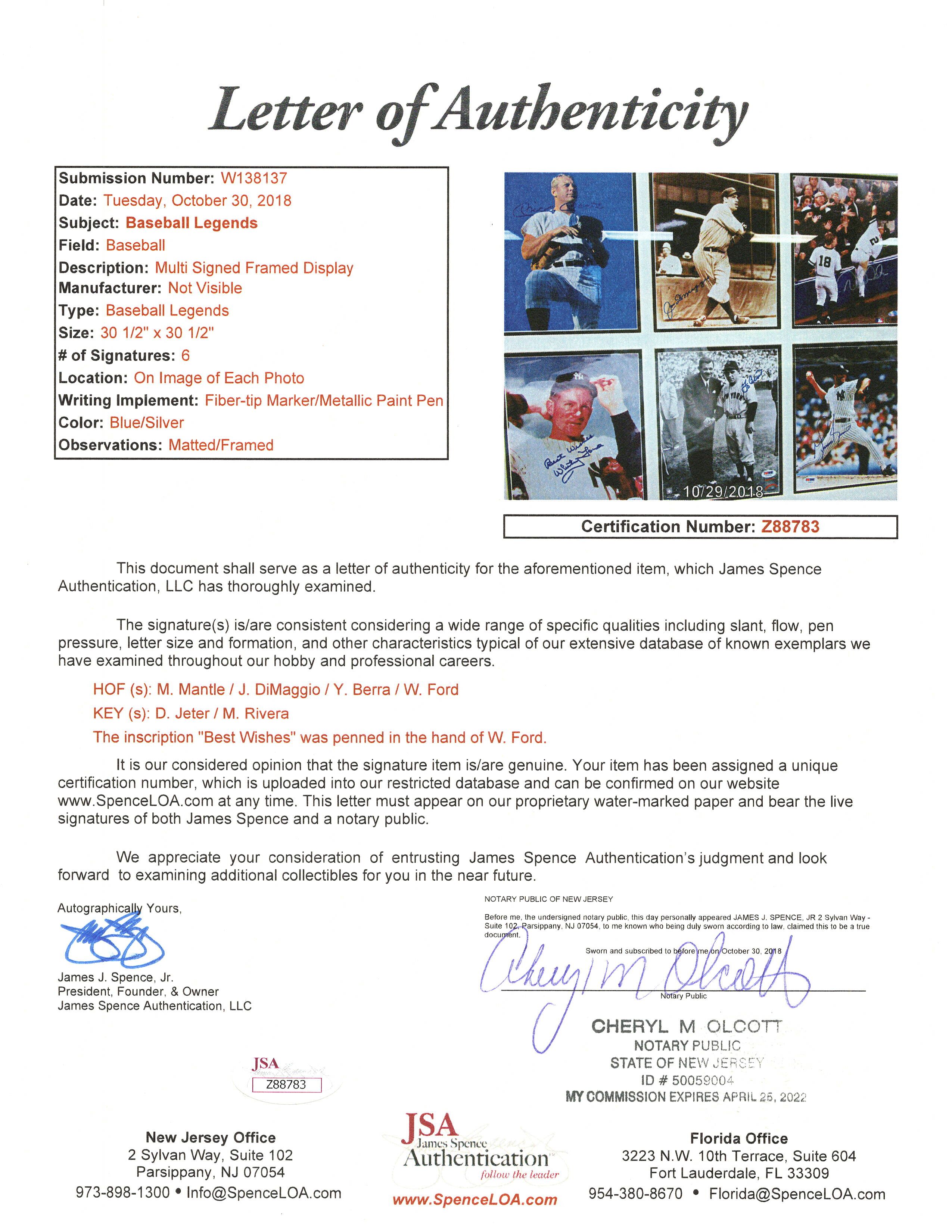 "Baseball Legends" 30.5x30.5 Custom Framed Photo Display Signed by (6) with Mickey Mantle, Joe DiMaggio, Yogi Berra, Whitey Ford, Derek Jeter & Mariano Rivera (JSA LOA & Steiner Hologram) at PristineAuction.com "Baseball Legends" 30.5x30.5 Custom Framed Photo Display Signed by (6) with Mickey Mantle, Joe DiMaggio, Yogi Berra, Whitey Ford, Derek Jeter & Mariano Rivera (JSA LOA & Steiner Hologram) at PristineAuction.com