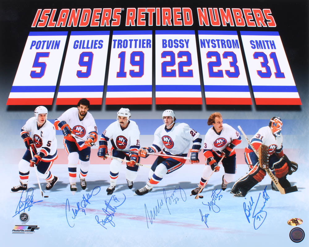 New York Islanders Retired Numbers 16x20 Photo Signed by (6) with Denis Potvin, Clark Gillies, Bryan Trottier, Mike Bossy (MAB Hologram) at PristineAuction.com New York Islanders Retired Numbers 16x20 Photo Signed by (6) with Denis Potvin, Clark Gillies, Bryan Trottier, Mike Bossy (MAB Hologram) at PristineAuction.com